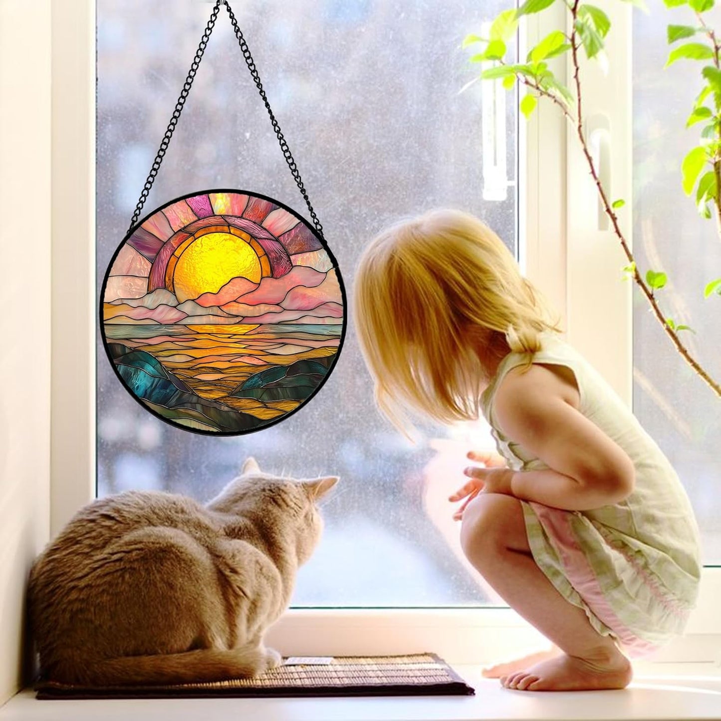 Stained Glass Window Hanging, Sunrise Over The Sea Suncatcher Diamond Glass Panel Hangings Abstract Sun Catchers Decor for Birthday for Women, Men, Wife, Aunt, and Mom 9.8 in