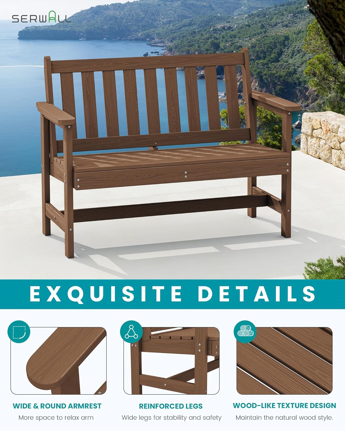 SERWALL Outdoor Bench, HDPE Outdoor Benches Weatherproof, 2-Person Garden Bench with 660 lbs Weight Capacity, Patio Benches for Outdoors, Garden, Porch, Backyard and Park, Brown, 6 Pack