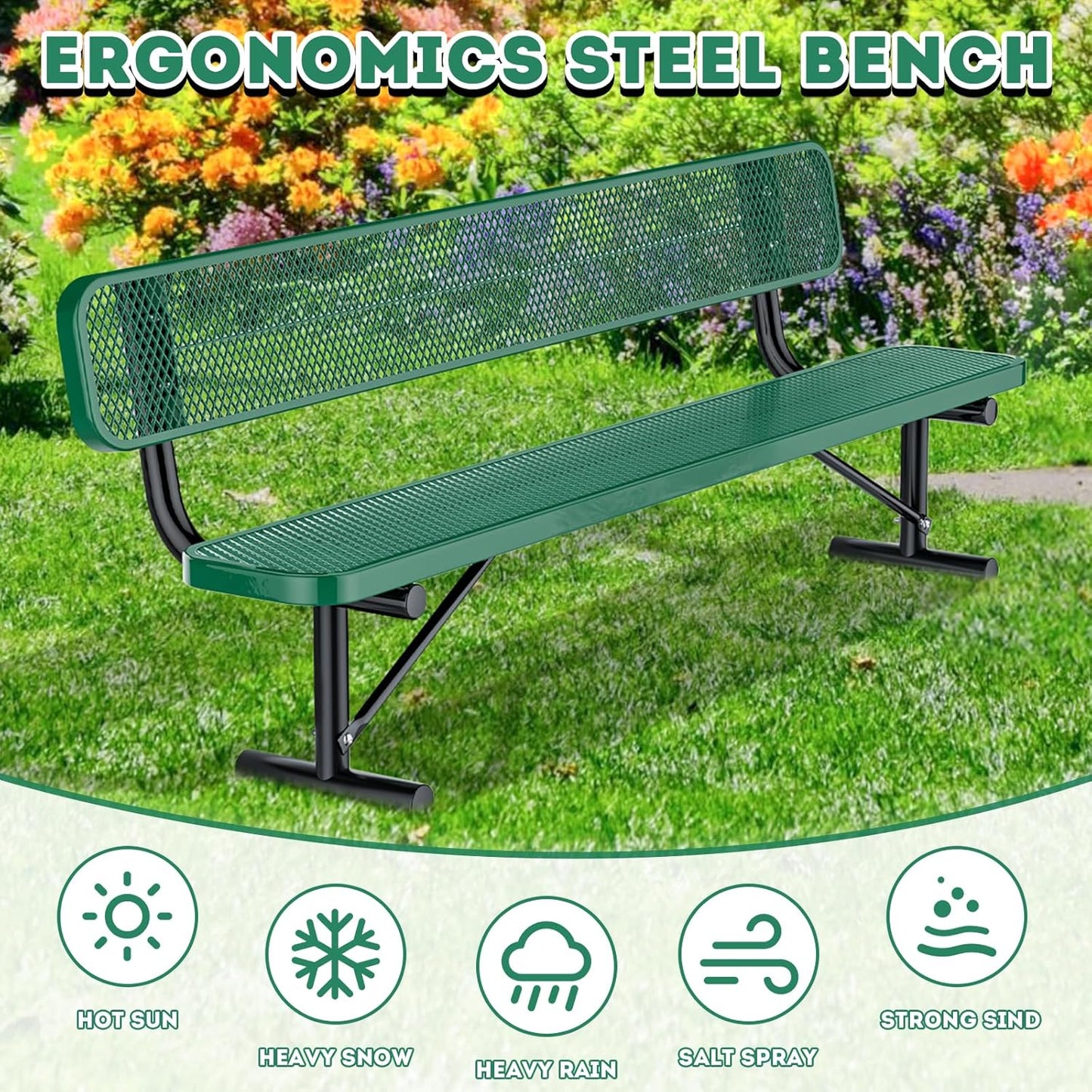 8FT Heavy Duty Park Bench with Back Portable Frame, Outdoor Metal Park Bench with Backrest, Steel Mesh Outdoor Bench for Garden, Lawn, Patio, Porch, Park, Yard, Green