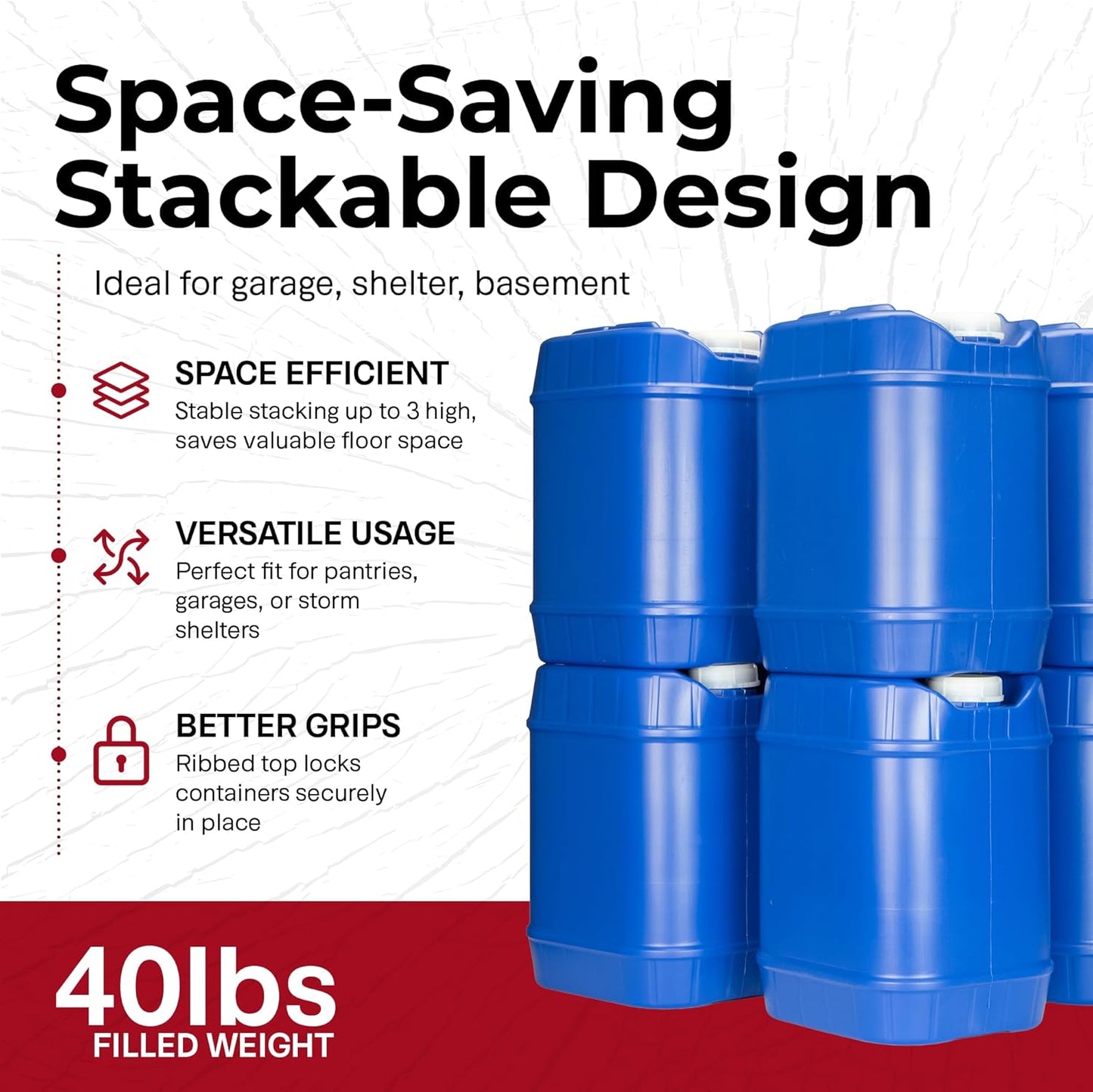 Legacy Food Storage Emergency Water Storage Containers, Long Term 5 Gallon Water Tank - 4 Stackable Food Grade Tanks Included, for Camping, Prepping, Survival - 20 Gallon Total Capacity