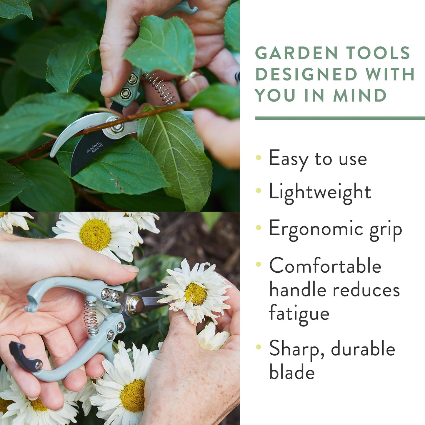 Modern Sprout Hand Pruners & Shears Set - Lightweight Gardening Tools W/Easy Lock - Sharp Carbon Steel Blades -Rust Resistant Scissors for Herbs, Flowers - Reusable Holster - Sage
