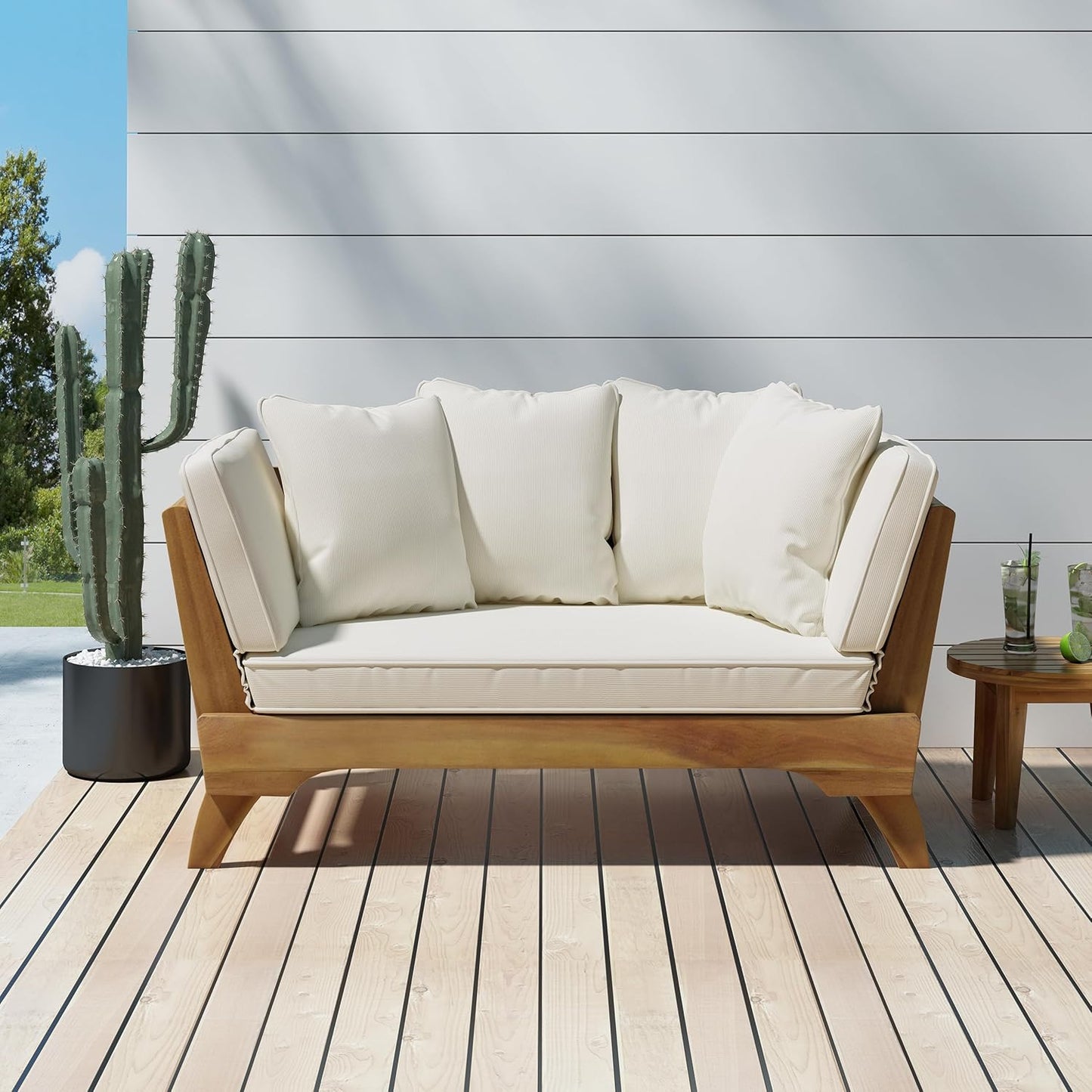Outdoor Adjustable Patio Wooden Serene Daybed Sofa Chaise Lounge with Cushions for Small Places, Sleeper Chair with Armrest for Backyard, Poolside (Beige)