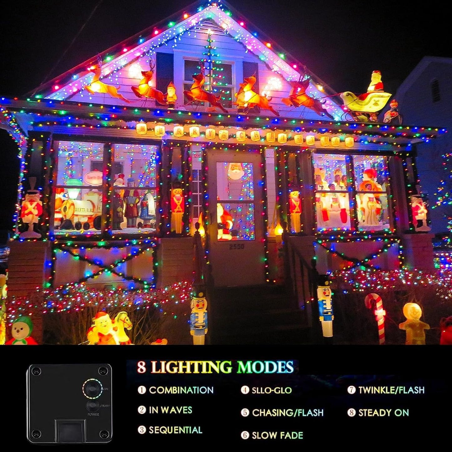 Solar Christmas Lights, 2 Pack Super Bright 90FT 160 LED Solar String Lights, 8 Lighting Modes Outdoor Waterproof Green Wire Twinkle Light for Xmas Garden Decorations (Multi-Colored)