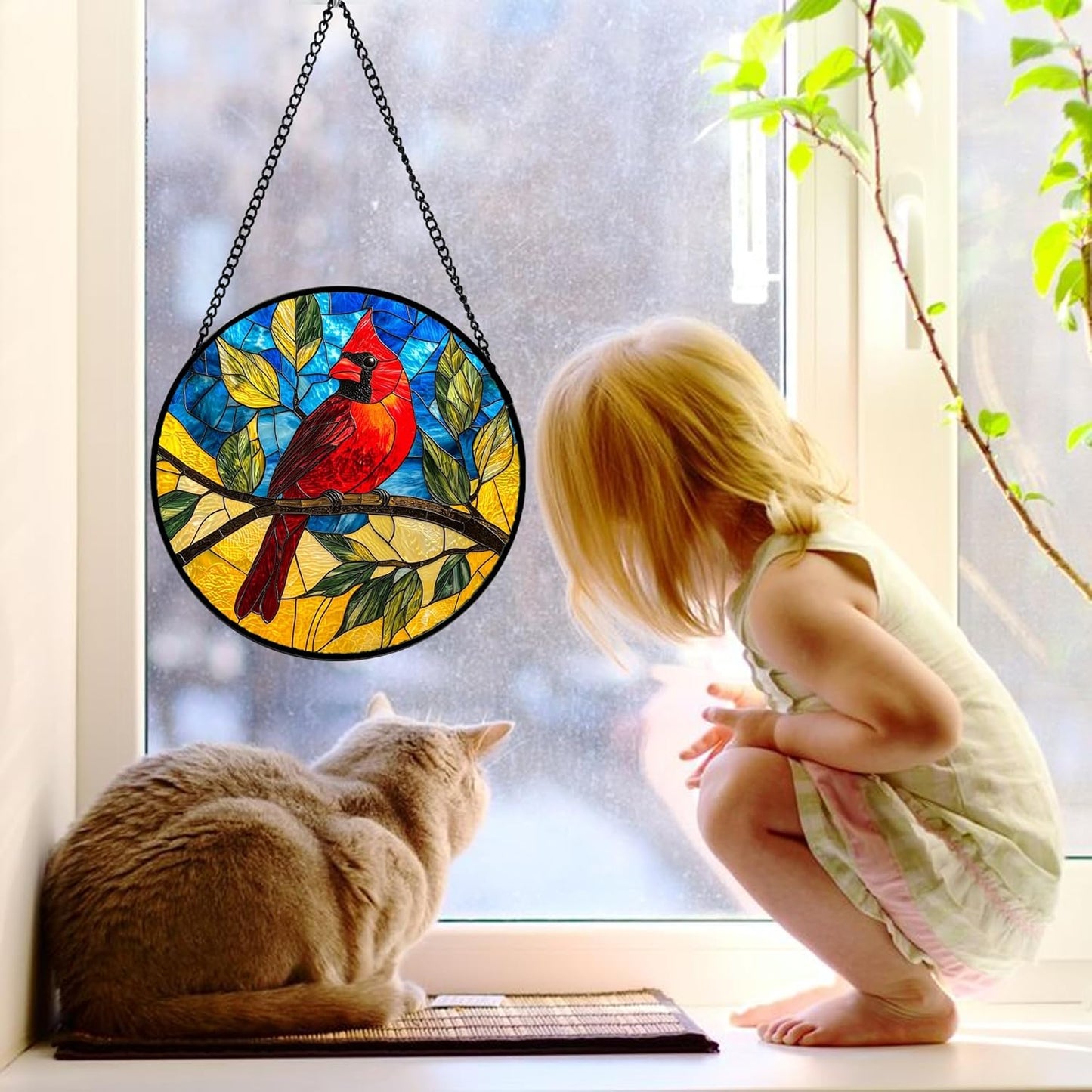 Stained Glass Window Hanging, Blue Sky Cardinal Sun Catchers Colorful Glass Panel Red Birds Suncatcher Decor for Birthday for Women, Men, Wife, Aunt, and Mom 11.8x11.8 in