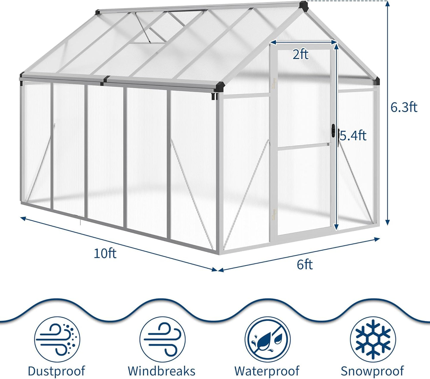 6 x 10 FT Greenhouse, Greenhouses for Outside, Polycarbonate Greenhouse with Aluminum Frame, Lockable Door and Ajustable Roof Vent for Backyard, Green Houses for Outside Garden Backyard, Patio