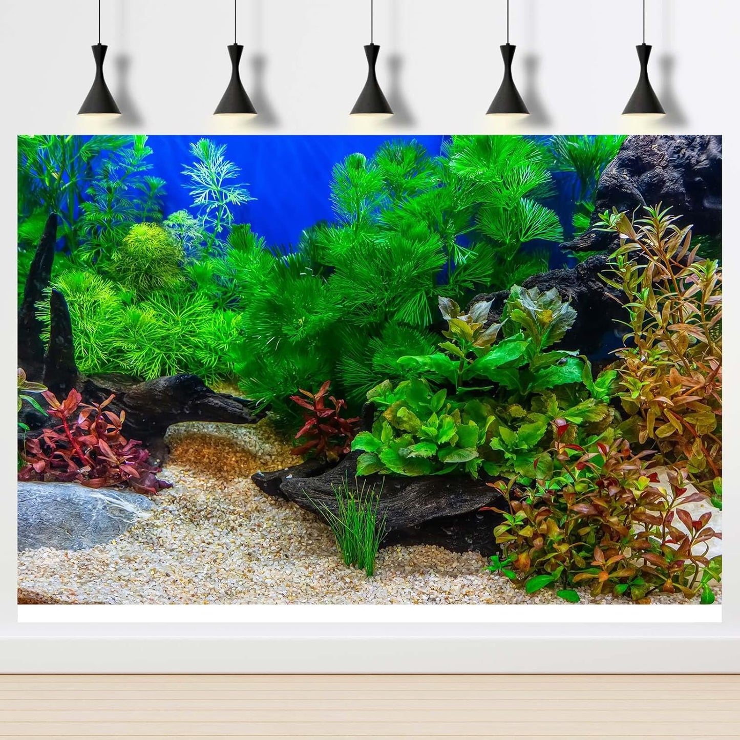 Aquarium Background Underwater Grass Leaves with Pebble Aquarium Backdrop Vivid and Fresh Green Aquatic Plant Stone River Bed and Lake Fish Deadwood Tank Background Decor Vinyl 24x16in
