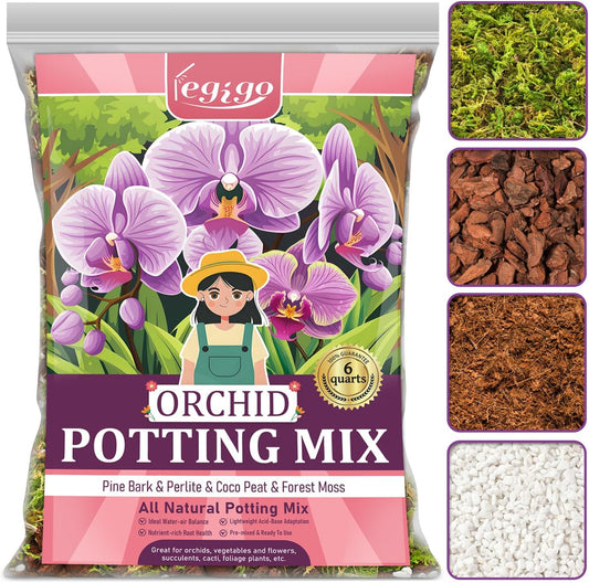 Legigo 6 QT Orchid Potting Mix- Natural Orchid Soil Mix for Repotting with Moss, Pine Bark, Coco Peat and Perlite, Enhanced Drainage Orchid Bark Potting Mix Repotting Kit for Indoor Plant Growth