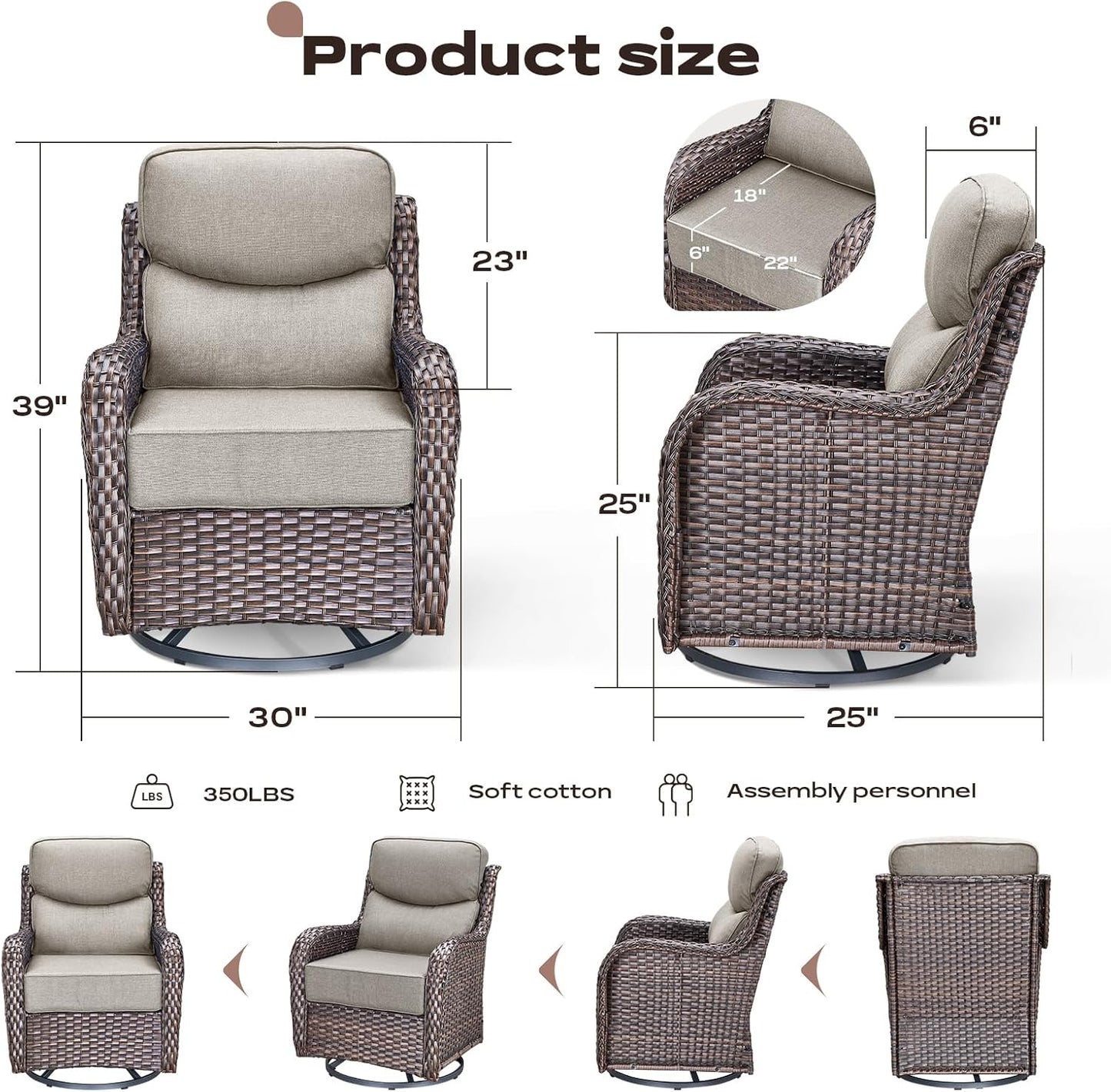 Outdoor Patio Swivel Rocker Chairs Set of 2, Waterproof Wicker, High Back, Deep Seating, Wide Armrest, Upgraded 6 inch Thick Cushions, Side Table, Ideal for Deck Porch Yard, Brown/Beige