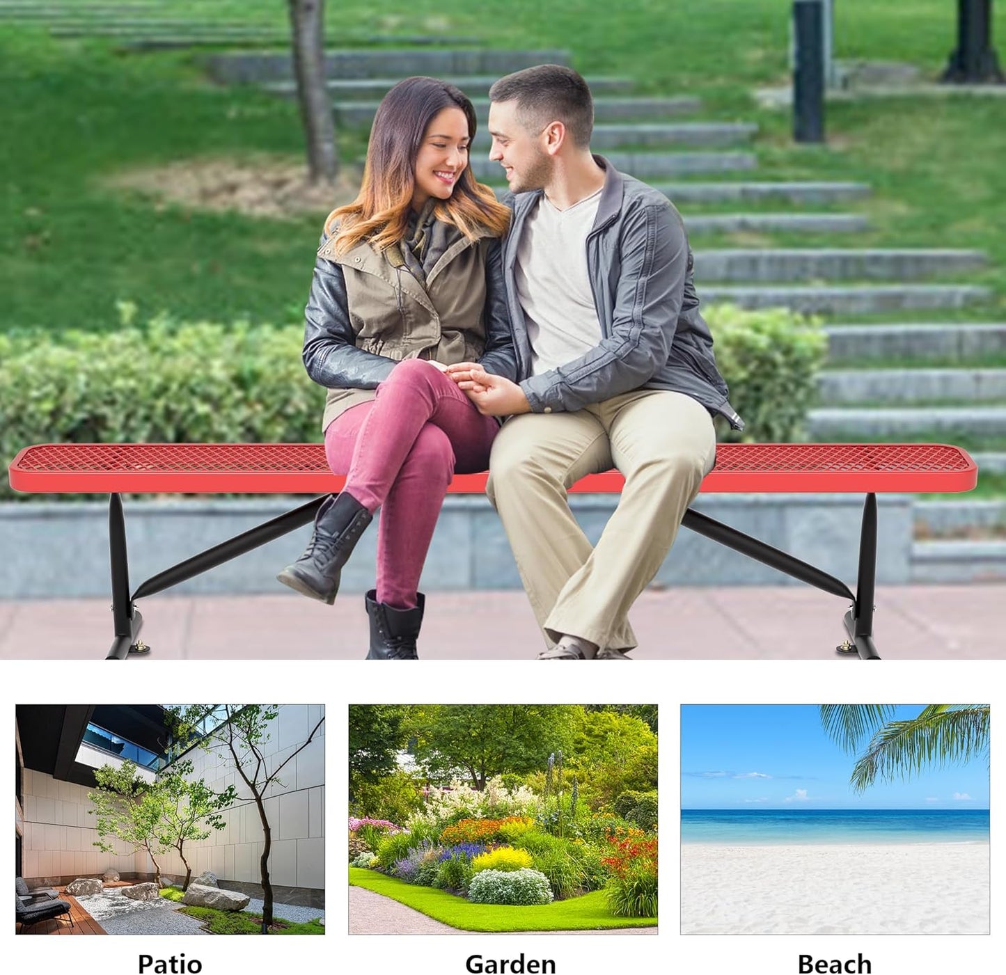 8 Feet Heavy Duty Metal Park Bench for Outside, Outdoor Bench with Portable Frame, Commercial Benches for Shopping Mall, Store, Park, Patio, Deck, Red