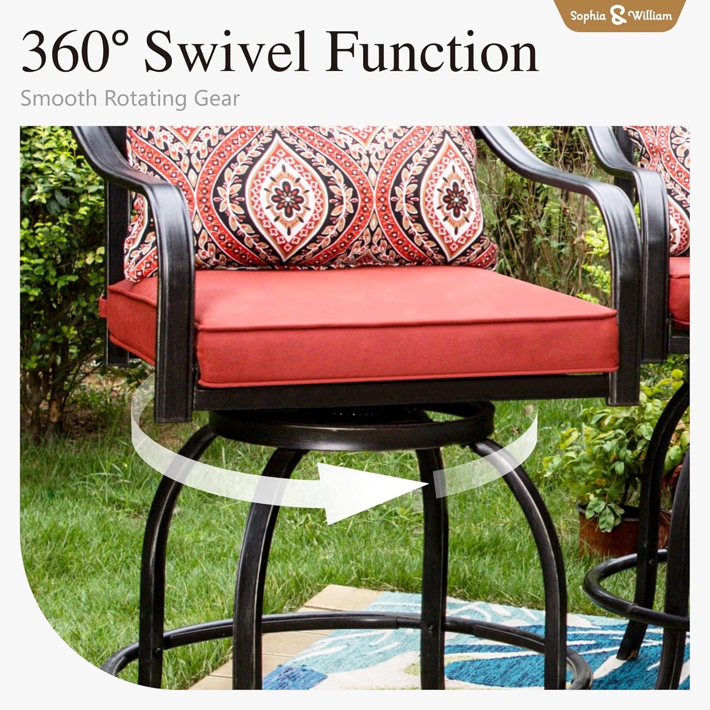 Sophia & William Patio Bar Set 5-Piece Outdoor High Dining Set with 4 Swivel Bar Stools with Red Cushion and 1 Square Bar Height Table with Umbrella Hole