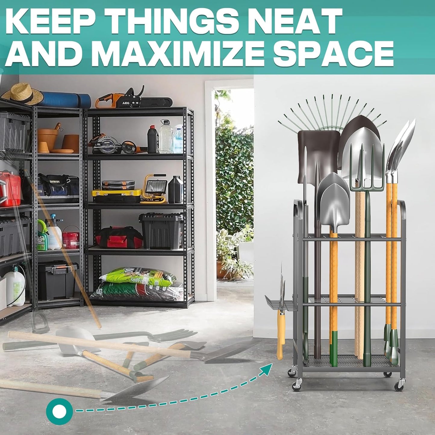 EVERHANGER Garden Tool Organizer and Storage, Yard Tool Stand Garage Tool Organization, Yard Tool Racks for Indoor/Outdoor Use