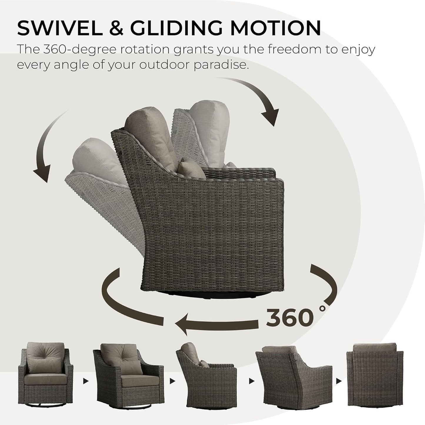 CHITA 5 Pieces Swivel Wicker Patio Furniture Set, Outdoor Conversation Set with 2 Pieces Rattan Rocking Swivel Chairs, 2 Pieces Ottomans, Thickened Cushions and Side Table