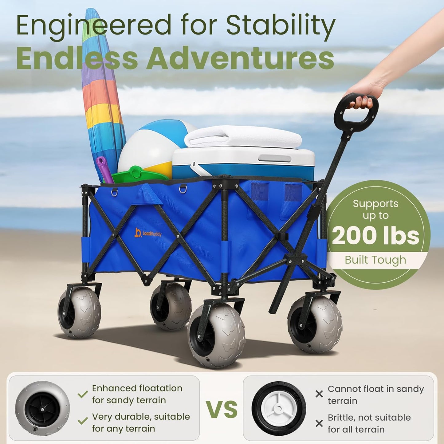 Beach Wagon with 9" Balloon Wheels & Fishing Rod Holders – Foldable Cart for Sand with Inflatable Tires, Bonus Pump & Spare – Heavy Duty Utility Wagon - Gray/Orange