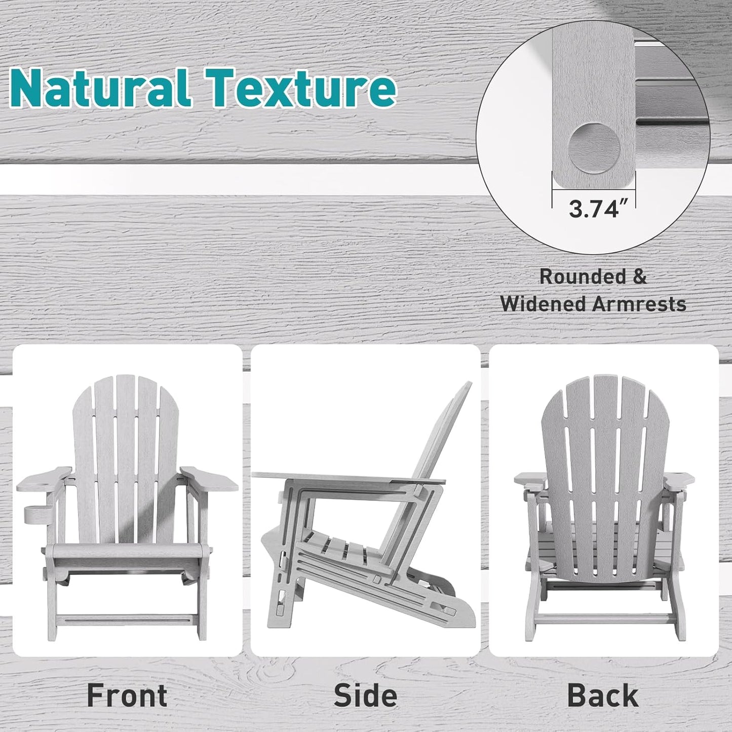 Adirondack Chairs Set of 4, Tool-Free Assembly All-Weather Plastic Adirondack Chairs, HDPE Fire Pit Chairs with Cup Holder, Outdoor Chair for Patio Garden (Grey)