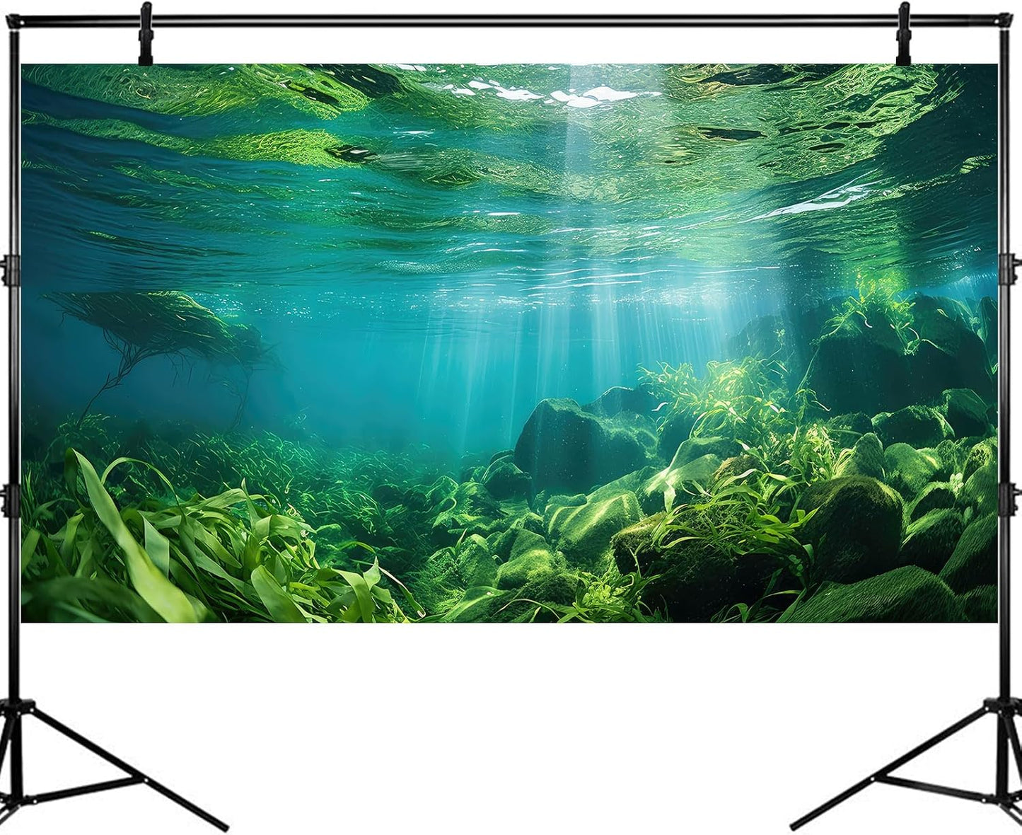 Under The Sea Fish Tank Background Aquatic Plants Deep Sea Aquarium Background Underwater Sunray Rock with Moss Terrarium Backgrounds Deep Ocean Floor Tropical Fish Tank Backgrounds 24x16in