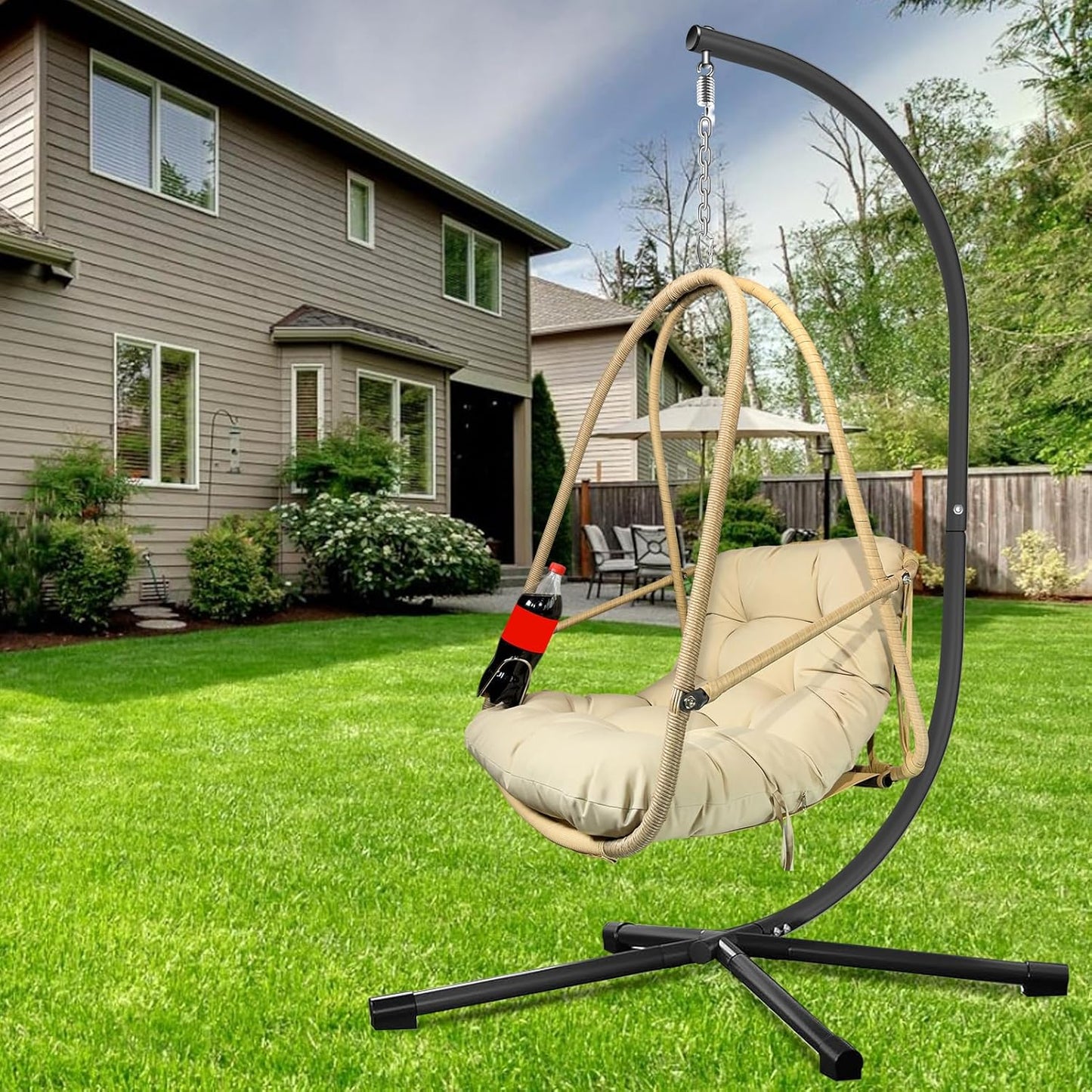 JESE Swing Egg Chair with Stand Foldable Frame Hanging Chairs for Indoor Outside,with UV Resistant Waterproof Cushion and Cup Holder,Swing Hammock Chairs for Patio,Bedroom,Balcony, Garden-350lbs Khaki