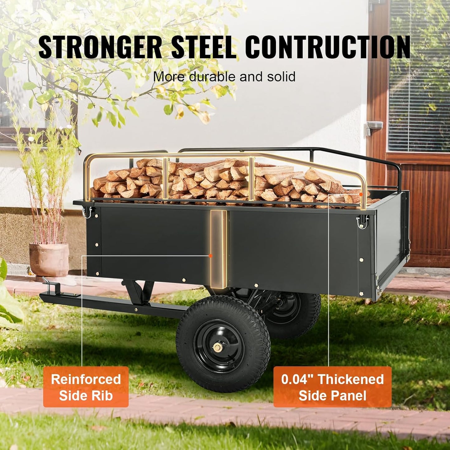 VEVOR Heavy Duty ATV Dump Cart - Steel Tow Behind trailer, 750 lbs, 15 Cubic Feet Garden Utility with Removable Sides