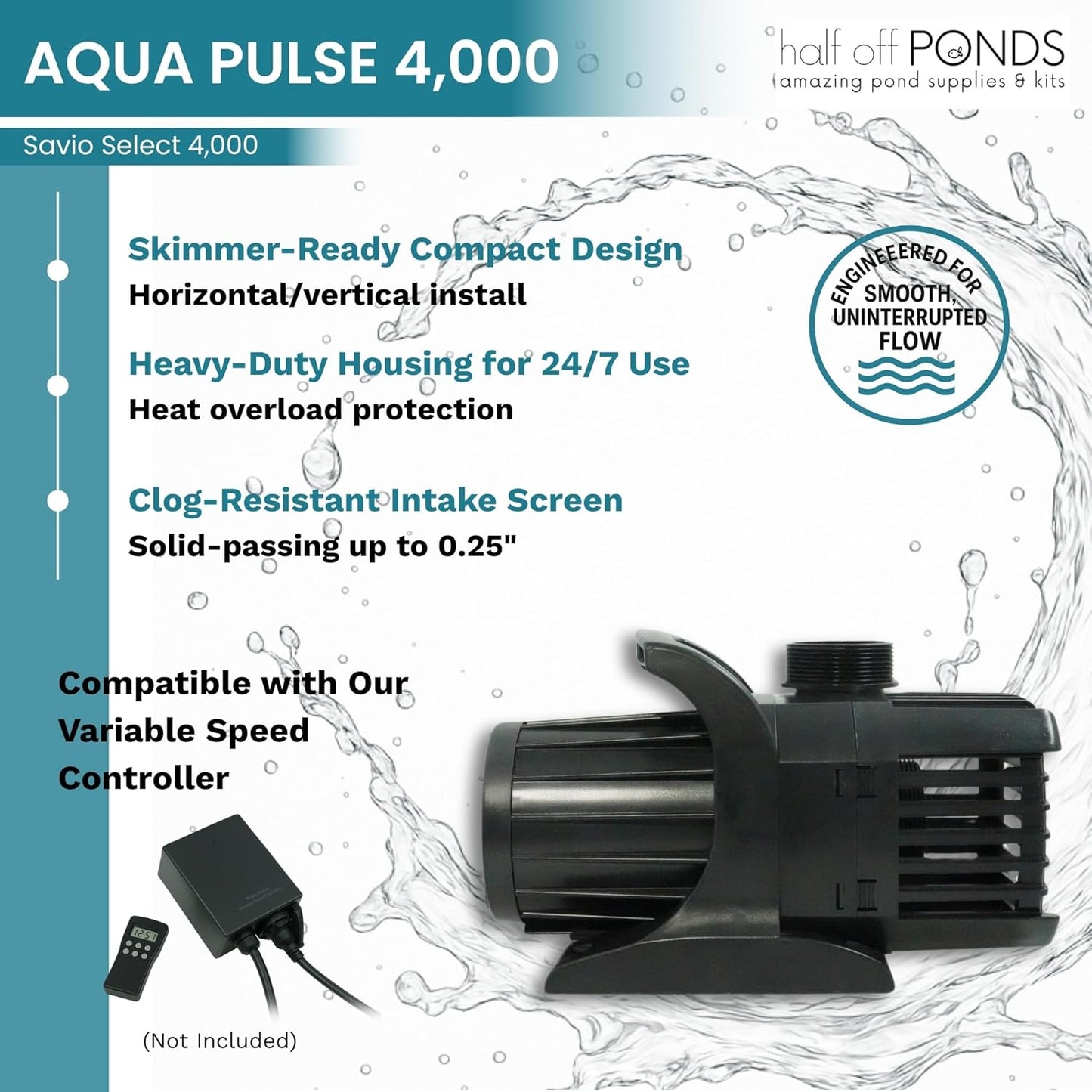 HALF OFF PONDS Savio Select 4,000 GPH Submersible Pump Pond Kit with 15' x 20' EPDM Rubber Pond Liner for Water Garden & Koi Pond