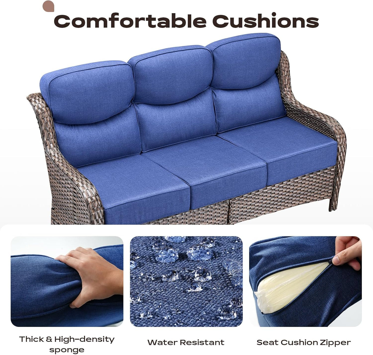Wicker Outdoor Patio Furniture Set - 8 Piece Patio Conversation Sets with Swivel Rocker Chairs, Ottomans, Sofa and Table, 6 inch Cushions, Deep Seating, for Porch Deck Brown/Blue
