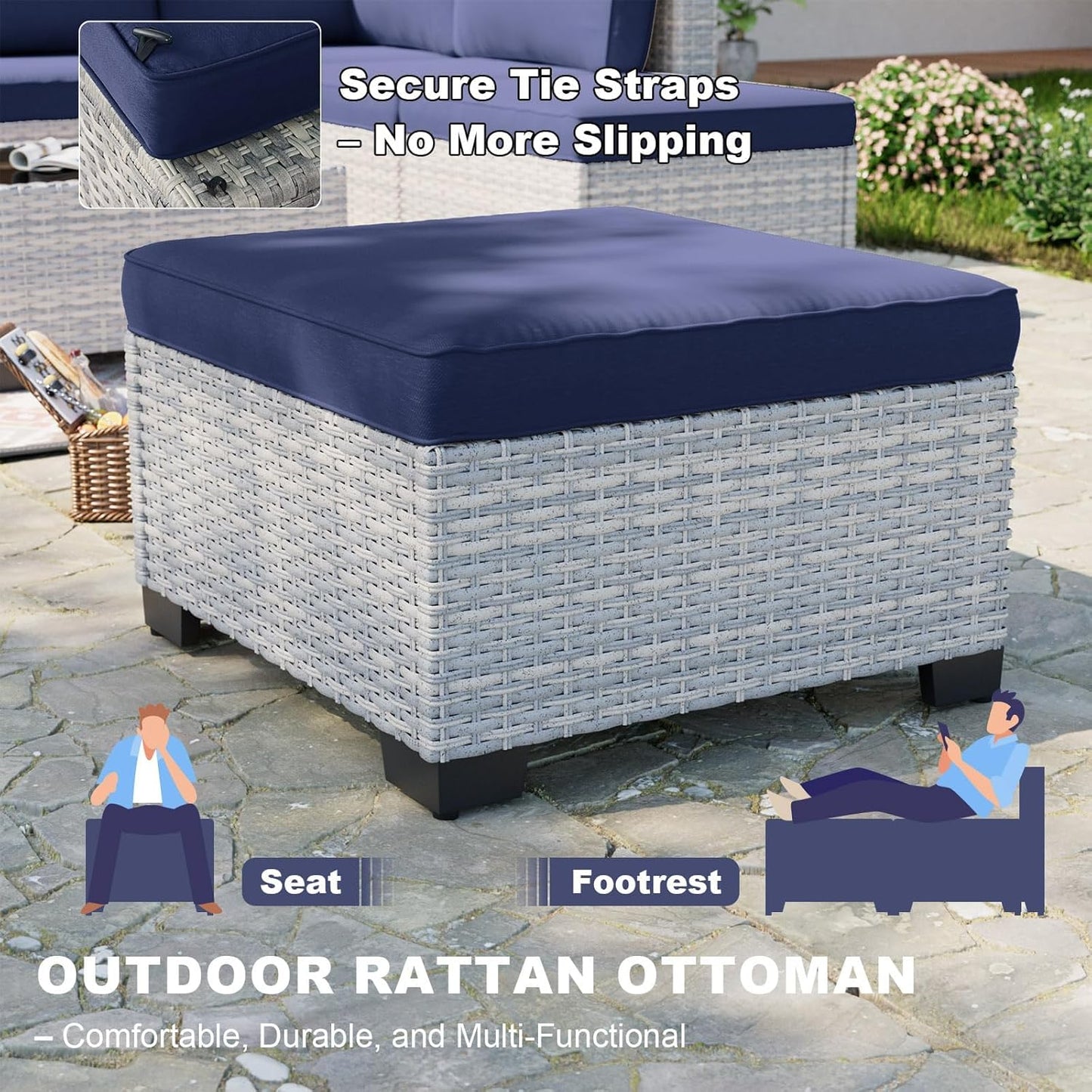 9-Piece Patio Furniture Set, Outdoor Sectional with Ottomans, Modular Patio Sofa, Dual-Strand Wicker Rattan, Rust-Resistant Frame, Backyard Furniture for Garden, Deck, Navy Blue