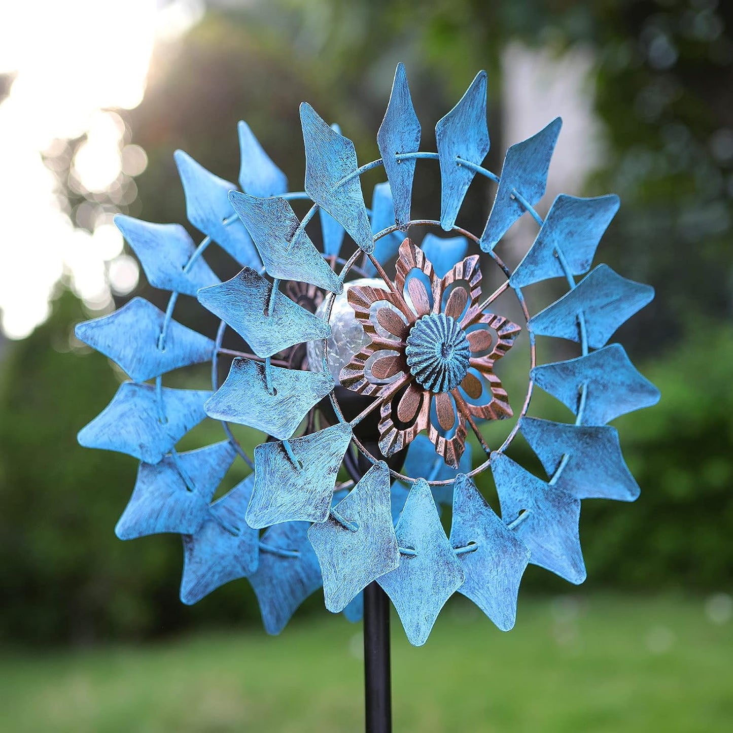 Solar Wind Spinner Azure 360 Degrees Rotate with Multicolor Crackle Glass Globe LED Light Kinetic Dual Direction Outdoor Windmill Ornaments for Garden Backyard Lawn Decoration