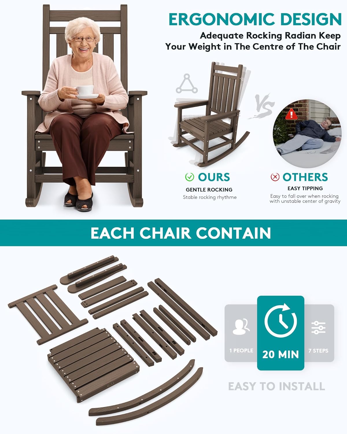 SERWALL HDPE Rocking Chair, Outdoor Rocking Chair for Adults, All Weather Porch Rocker for Lawn Garden, Coffee