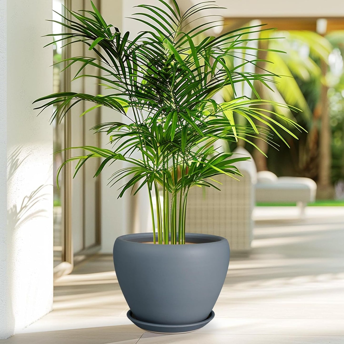 Ceramic Pot for Plants - 8 Inch Plant Pot Indoor with Drainage Hole and Saucer Decorative Planter for Outdoor Plants Modern Flower Pot for Home Decor Garden Gray
