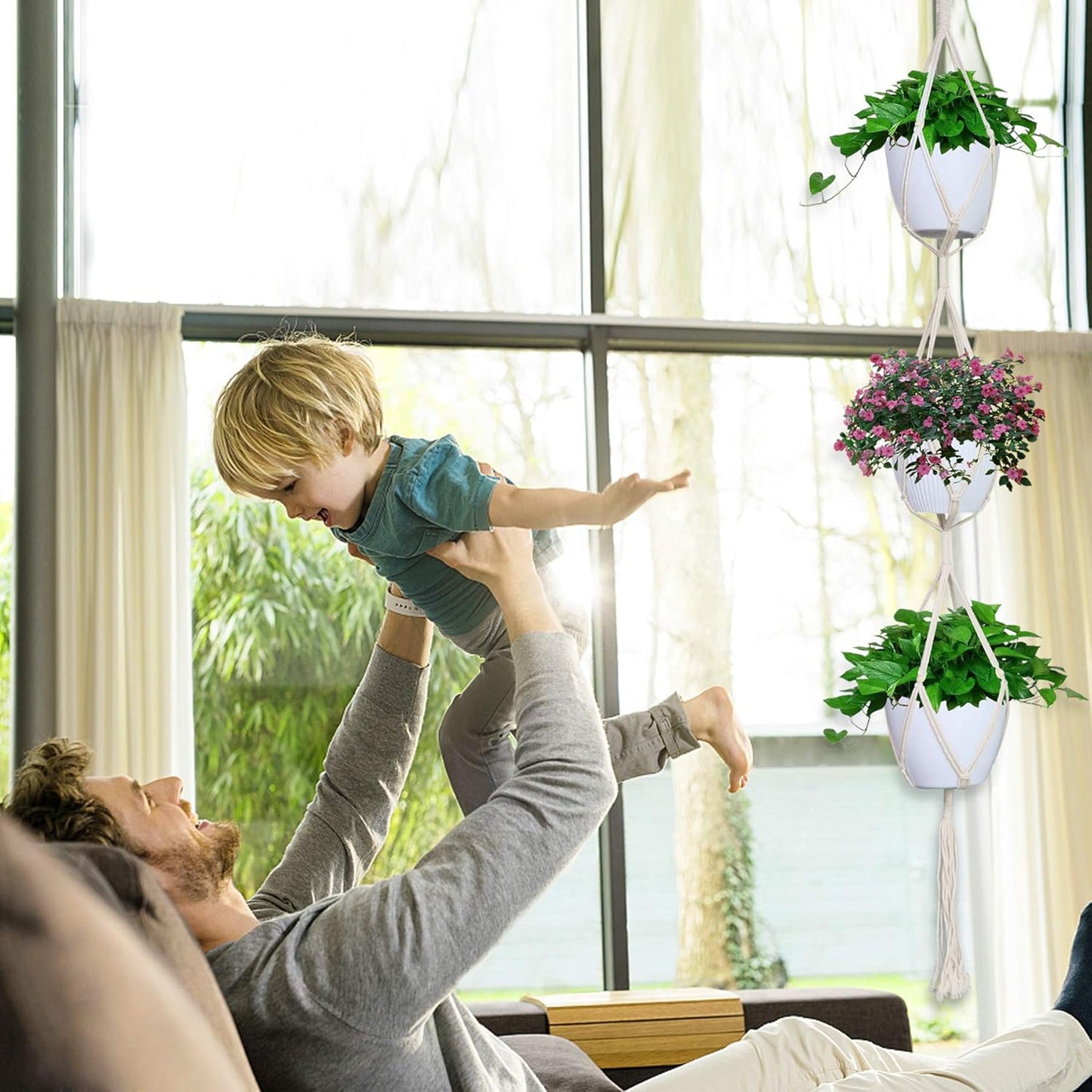 IGaiety Macrame Plant Hanger 5 Pcs Indoor Outdoor Hanging Plant Holders Handmade Plant Hangers Cotton Rope Planters with 5 Pcs Ceiling and S Hooks for Small Plants Pots Boho Home Decor