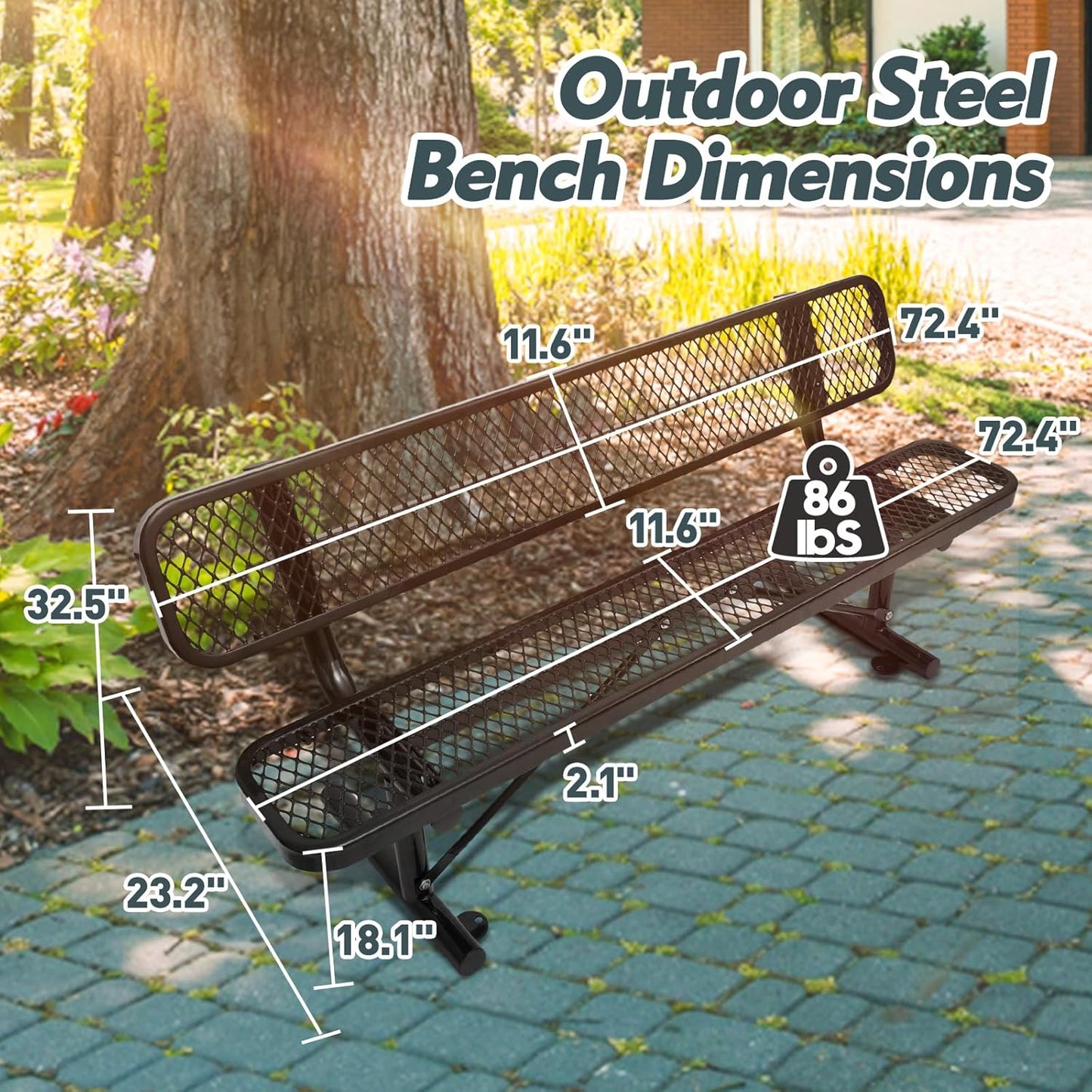 Drexo 6FT Heavy Duty Park Bench with Back Portable Frame, Outdoor Metal Park Bench with Backrest, Steel Mesh Outdoor Bench for Garden, Lawn, Patio, Porch, Park, Yard, Black