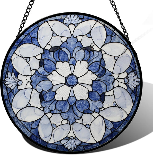 Stained Glass Window Hanging - Blue White Floral Pattern Suncatcher for Doors Garden Retro Sun Catchers Decor Christmas Mother's Day Birthday Gifts for Women Men Mom Nana Friend Girl 15 in
