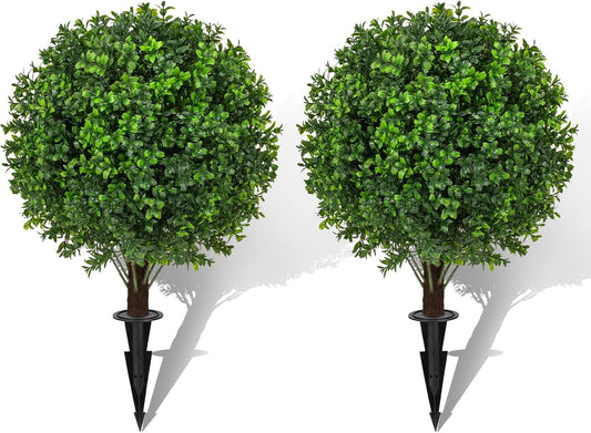 22" Artificial Boxwood Topiary Ball Trees with Ground Spike Set of 2 - UV Resistant Faux Green Shrubs & Bushes Potted Plants for Outdoor Indoor Front Porch Garden