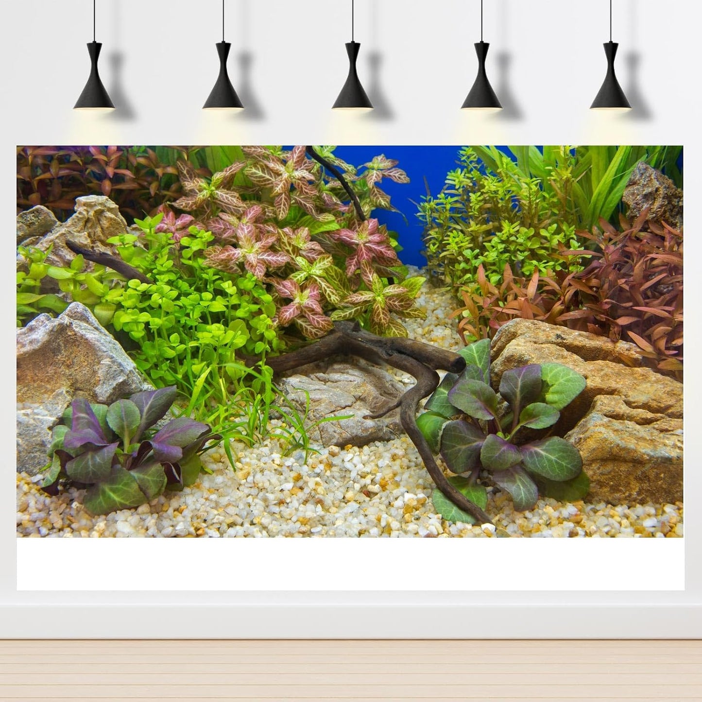 Aquarium Background Various Underwater Grass Plants Pebble Fish Tank Background Vivid Green Aquatic Plants Terrarium Background Stone River Bed Dead Wood Purple Leaves Tank Background 36x18in