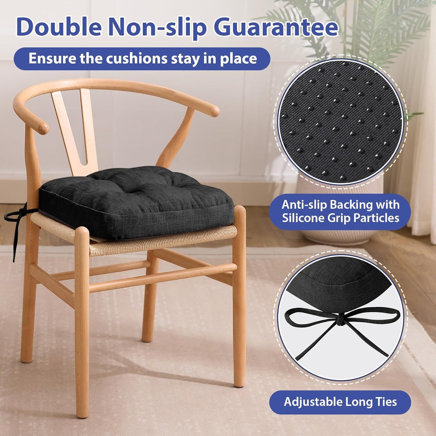 Chair Cushions, Foam Dining Chair Cushions, Tufted Indoor Chair Pads,16.5” x 16.5” x 3.5”, Set of 4, Black