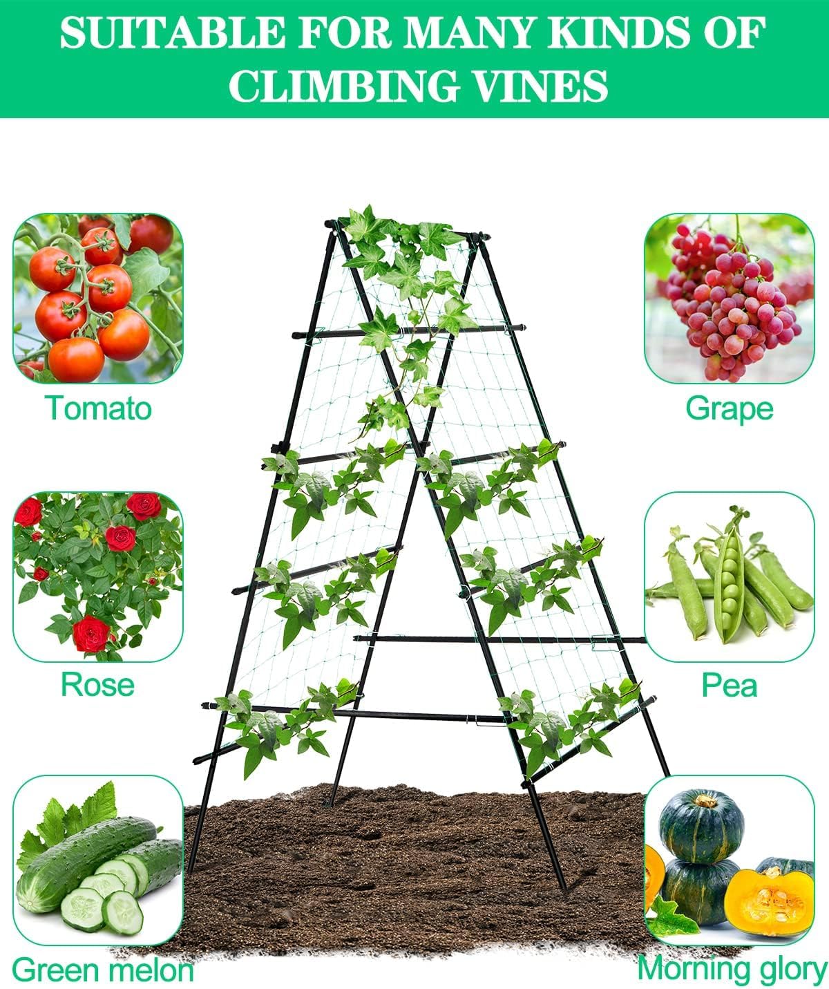 6×3 Feet Garden Trellis for Climbing Plants, Kalolary A-Frame Garden Cucumber Grow Trellises Rustproof Metal Potted Plant Climbing Support for Indoor Outdoor Vegetable Fruits Vines Support