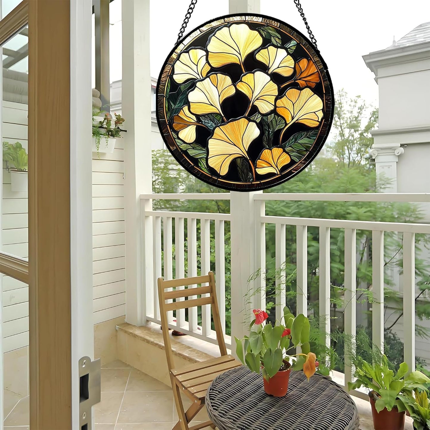 Stained Glass Window Hanging - Ginkgo Leaf Suncatcher for Doors Garden Patio Retro Fall Decor Sun Catchers Christmas Mother's Day Birthday Gifts for Women Men Mom Nana Friend 6.3 in