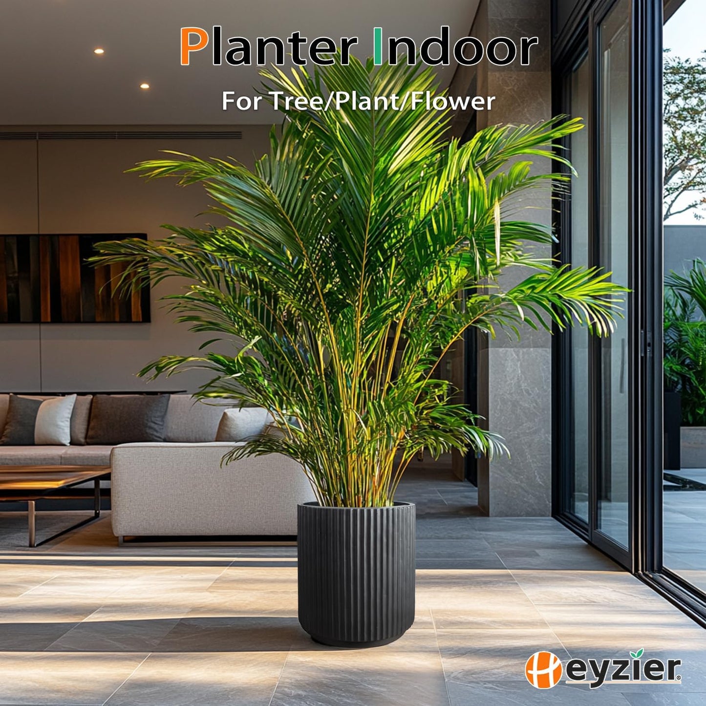 Round Concrete Planter Outdoor Indoor, Large Cement Plant Pots for Flowers (Vertical Black, 16 inch)