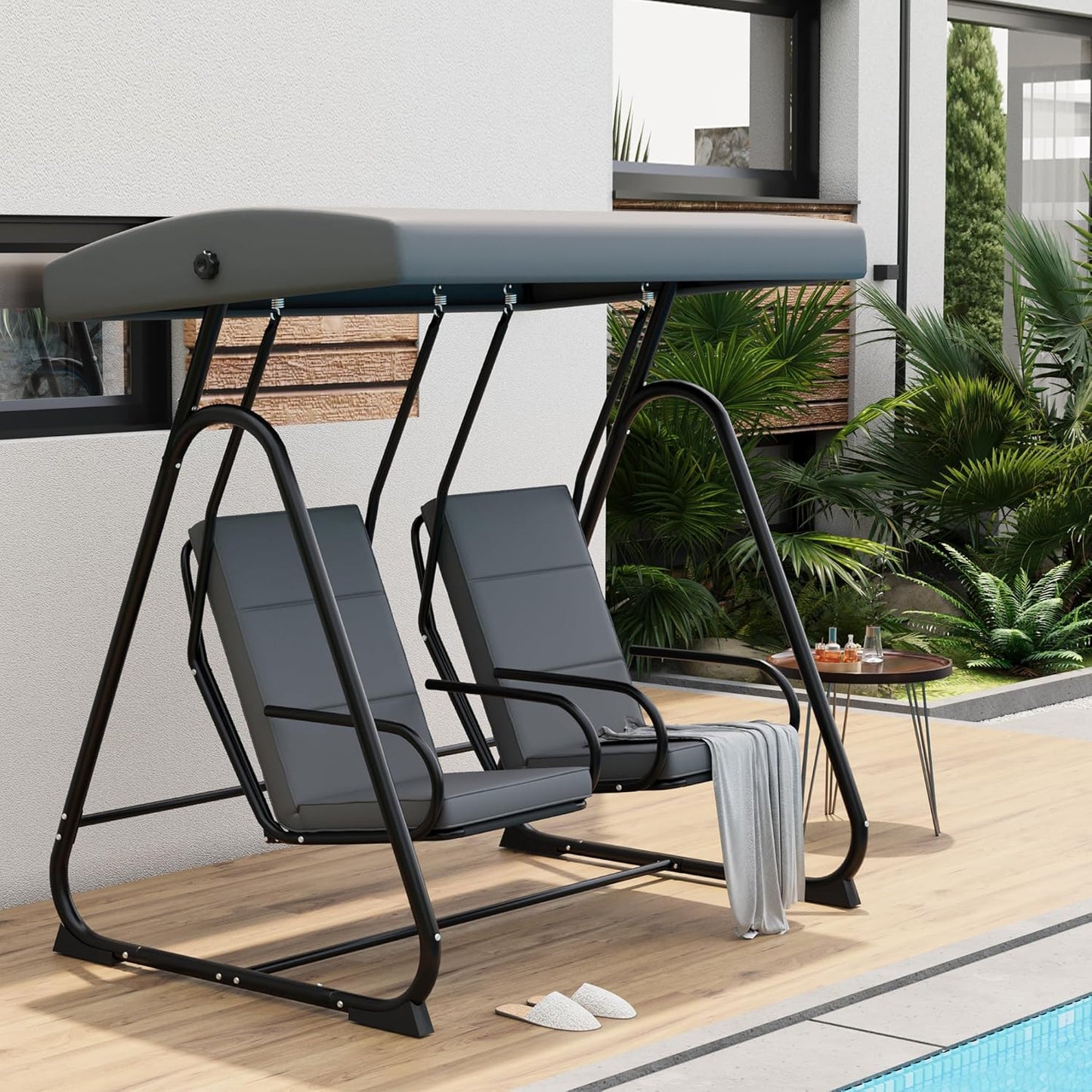 2 Person Outdoor Patio Swing Glider with Adjustable Canopy & Removable Cushions, Heavy-Duty Independent Porch Swing Chairs for Garden, Balcony, Poolside, Backyard – Dark Grey