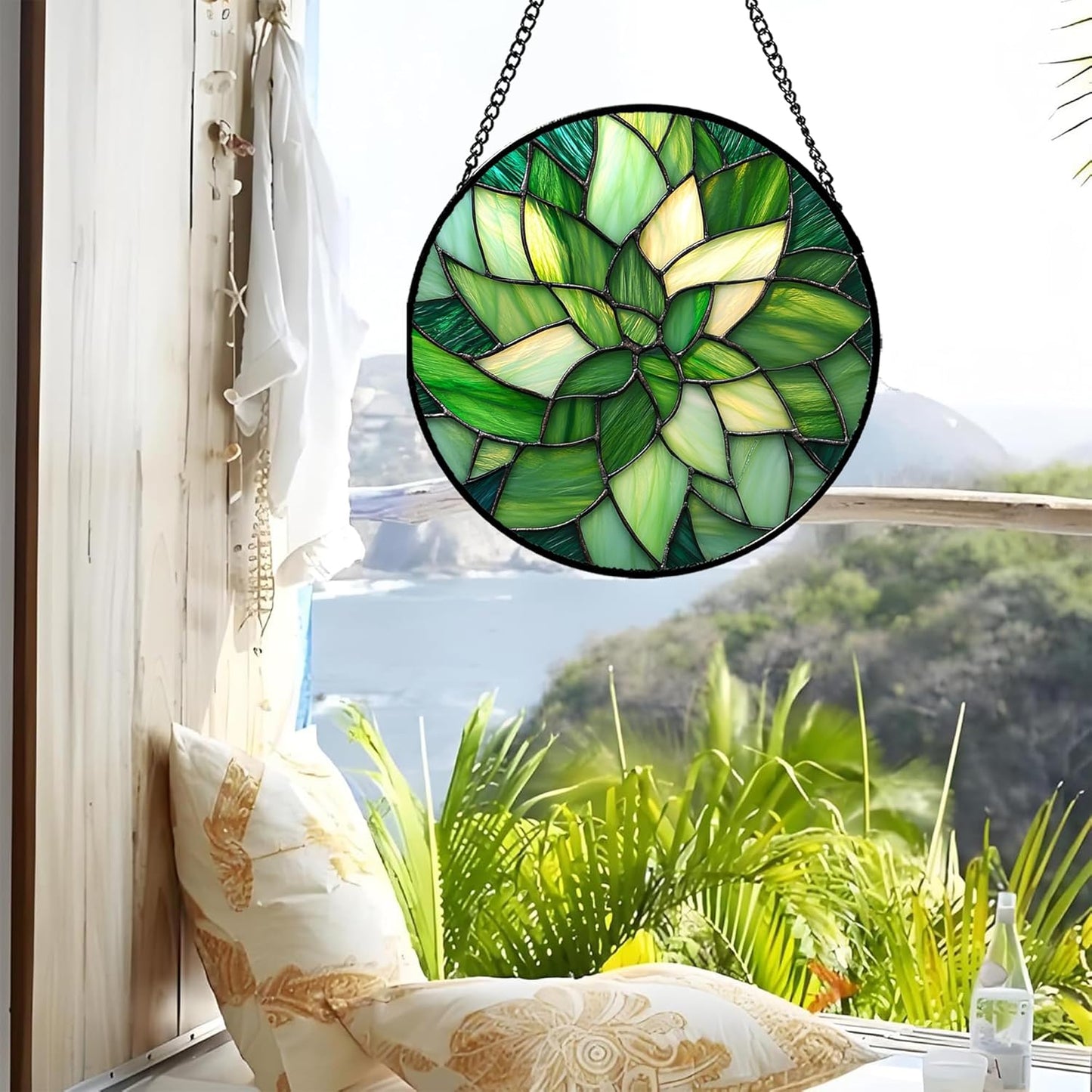 Stained Glass Window Hanging - Green Plants Suncatcher for Doors Garden Patio Flowers Sun Catchers Decor Christmas Mother's Day Birthday Gifts for Women Men Mom Nana Friend 7.8 in