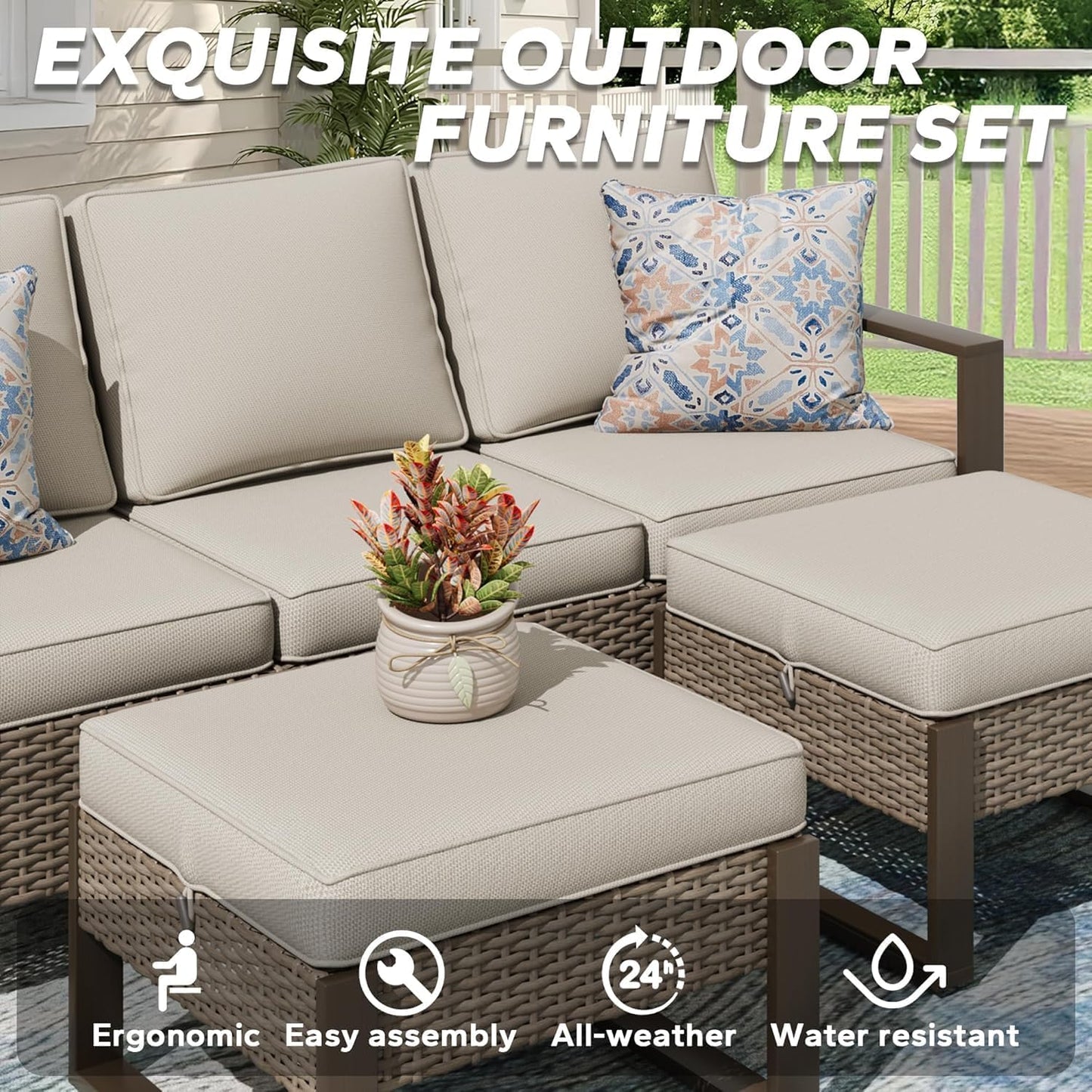 75" Patio Metal Wicker Sofa, All Weather Outdoor Rattan 3-Seat Sofa Couch with Premium Cushions & Rectangular Framed Wood-Looking Metal Armrest for Garden Backyard Porch Deck, Beige