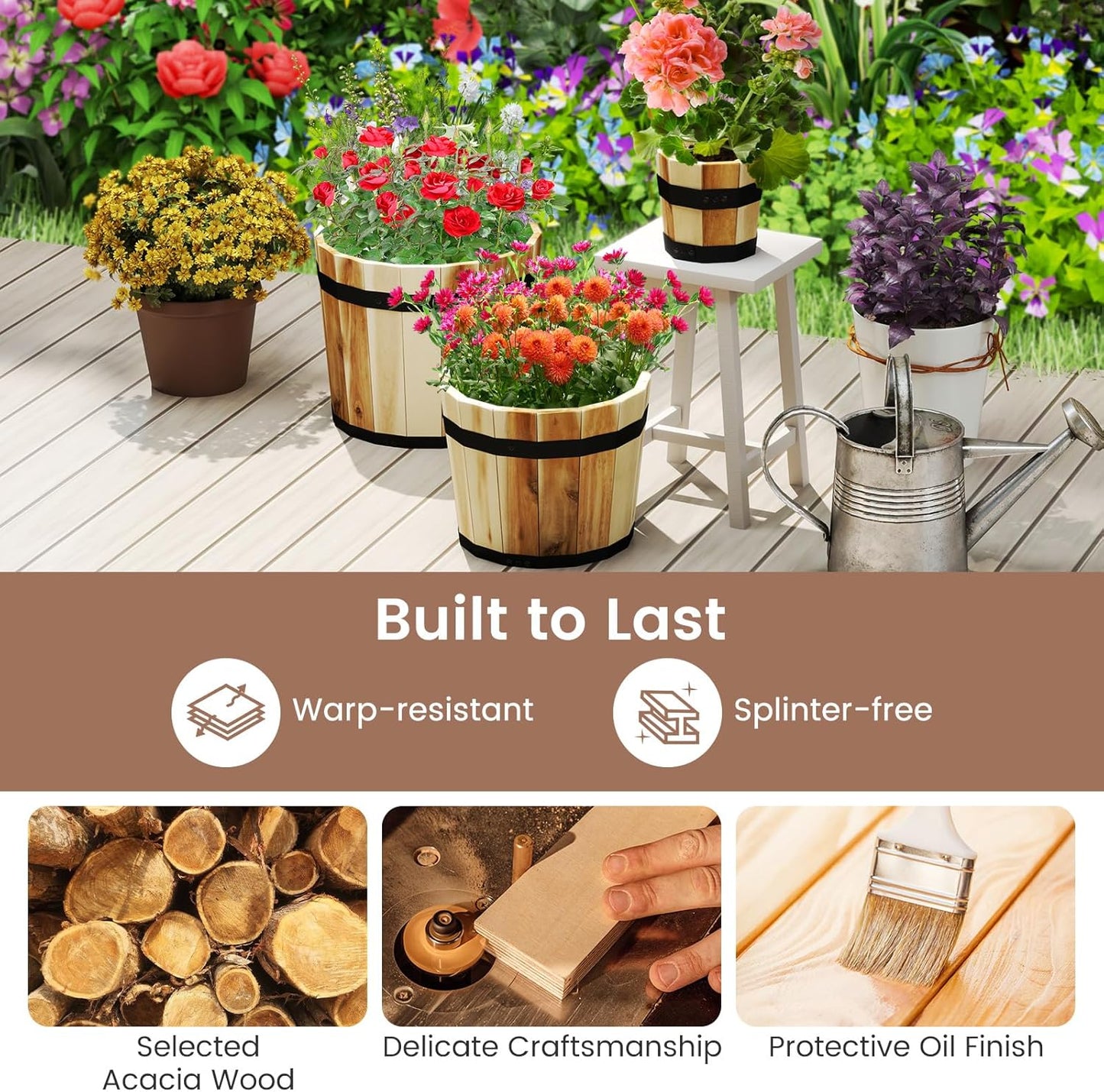 HAPPYGRILL Wooden Plant Pots, 3 Solid Acacia Wood Whiskey Barrel Planters w/Drainage Holes for Flower Herb Shrub, Multi Sizes Indoor Outdoor Patio Planting Flower Pots Home Decoration