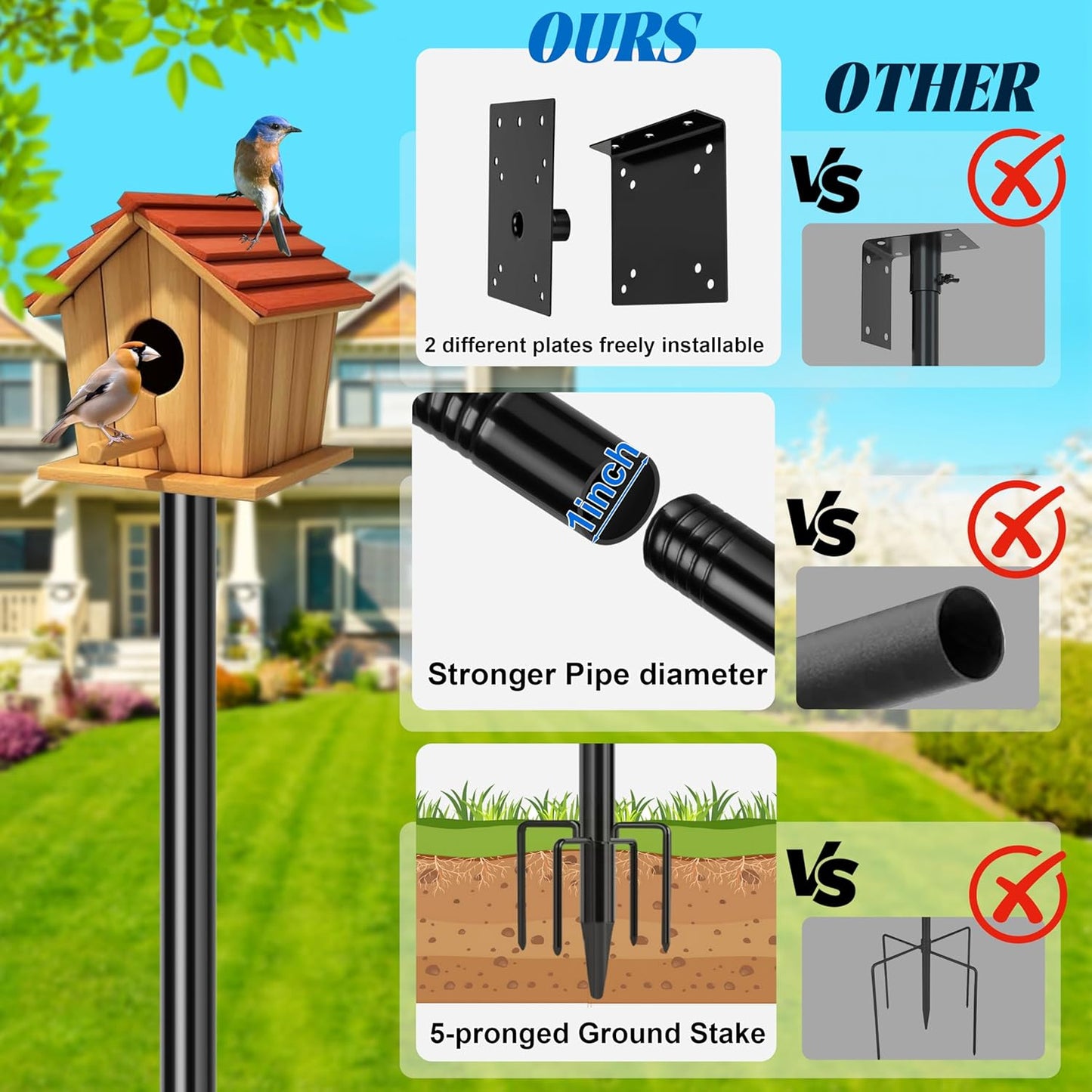Ottsuls Bird Feeder Pole, 92 Inch Heavy Duty Bird House Pole Kit for Outdoors, with Wooden Board, 5-Prong Base Feeding Station for Wild Birds Watching, Adjustable Feeder Stand (House Not Included)