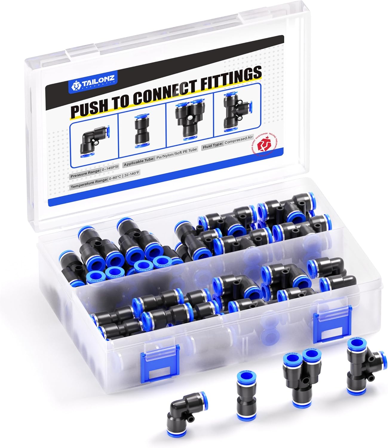 TAILONZ PNEUMATIC 1/4 Inch od Push to Connect Fittings Pneumatic Fittings Kit 10 Spliters+10 Elbows+10 tee+10 Straight (40 pcs)