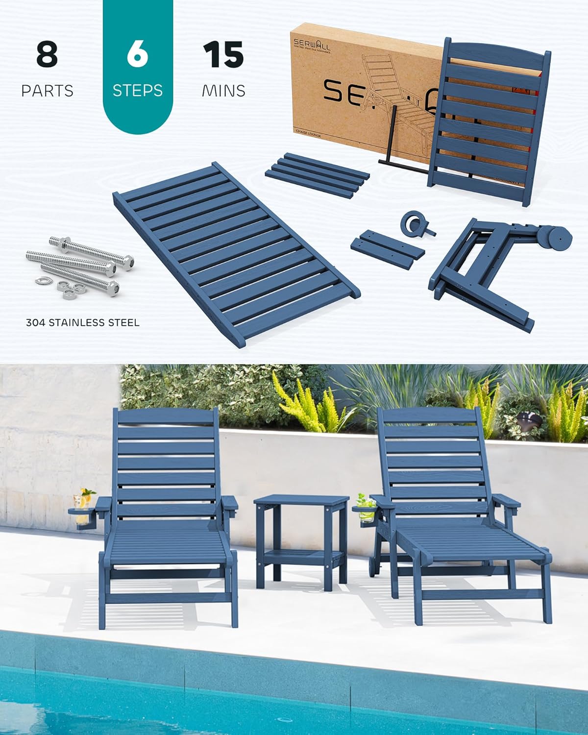 SERWALL Patio Chaise Lounge Chair Set of 4, 5 Positions Adjustable Poly Outdoor Lounge Chair for Pool, HDPE Lounge Chair with Rolling Wheels & Cup Holder for Poolside, Deck, Blue