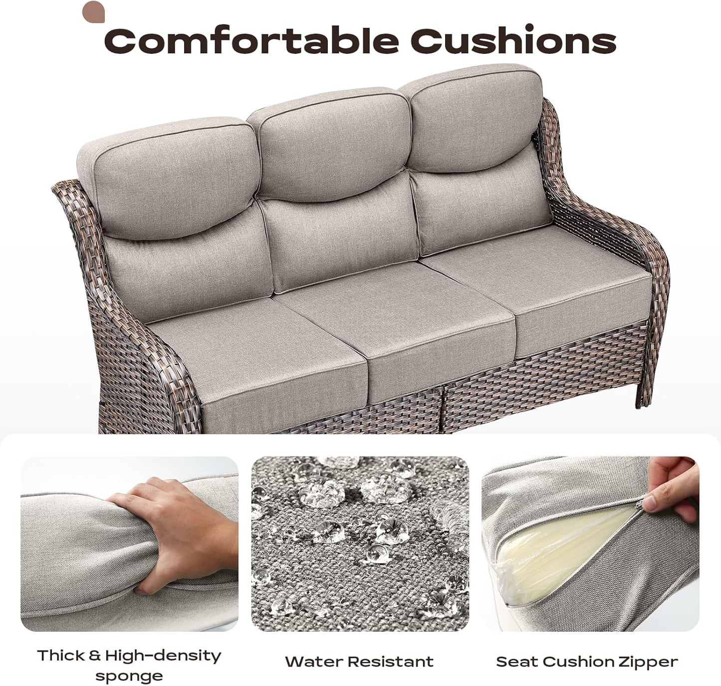 Wicker Outdoor Patio Furniture Set - 8 Piece Patio Conversation Sets with Swivel Rocker Chairs, Ottomans, Sofa and Coffee Table, 6 inch Cushions, Deep Seating, for Porch Deck Brown/Beige