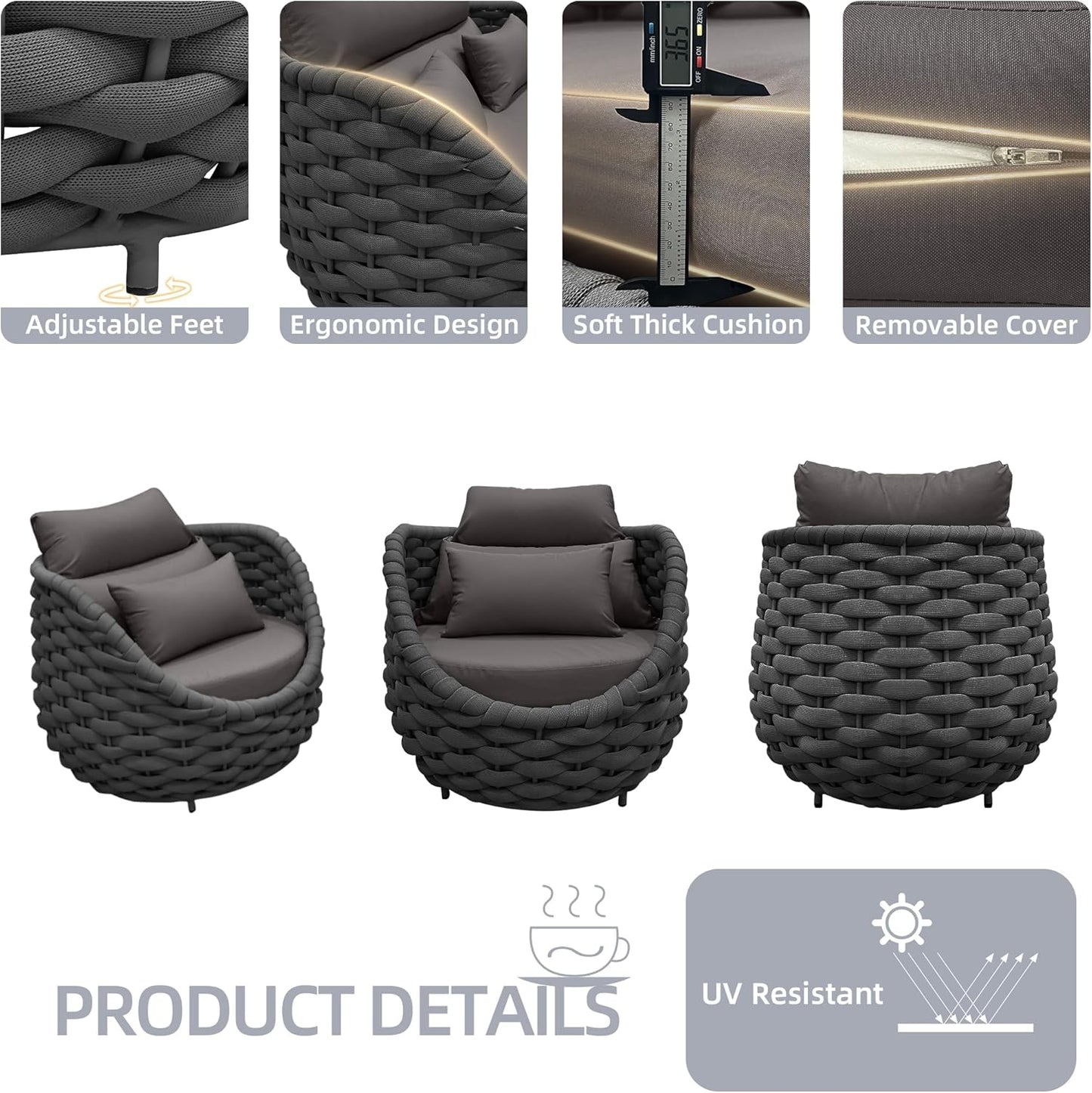 TWT 2 Pieces Patio Furniture Aluminum Armchair, All-Weather Polyester Rope Outdoor Single Sofa, Metal Chair with Cushions for Patio, Balcony, Backyard, Deck