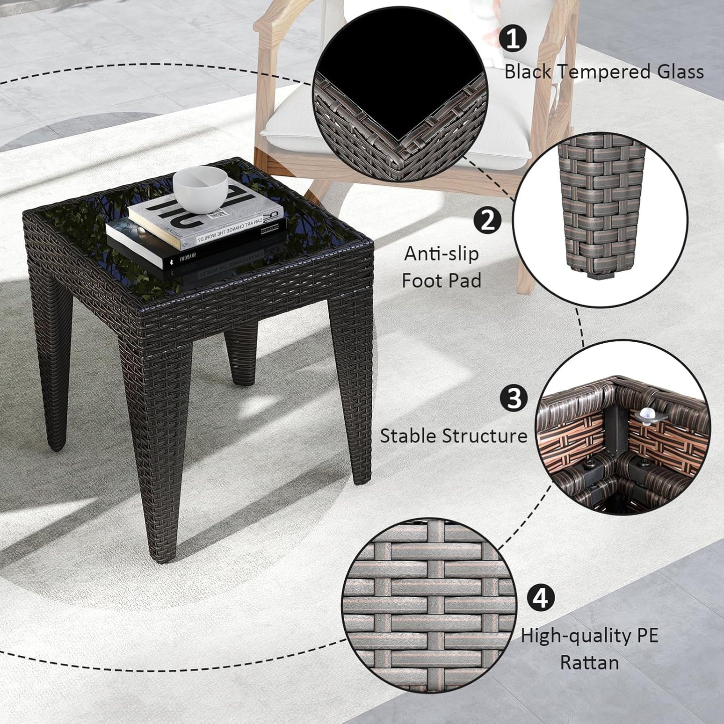 Outdoor Small Patio Table - PE Rattan Coffee Table, Wicker Side Table for Patio, Balcony & Porch, Durable & Iron Frame (2, Rattan Black)