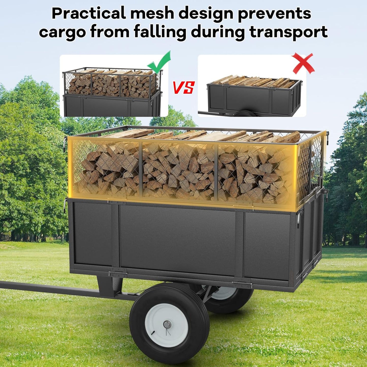 750 Lbs Capacity ATV/UTV Dump Trailer – 15 Cu. Ft. Heavy-Duty Steel Utility Cart with Removable Sides, Universal Hitch, Hand/Foot Lever Dump, for Lawn Tractor & Riding Mower