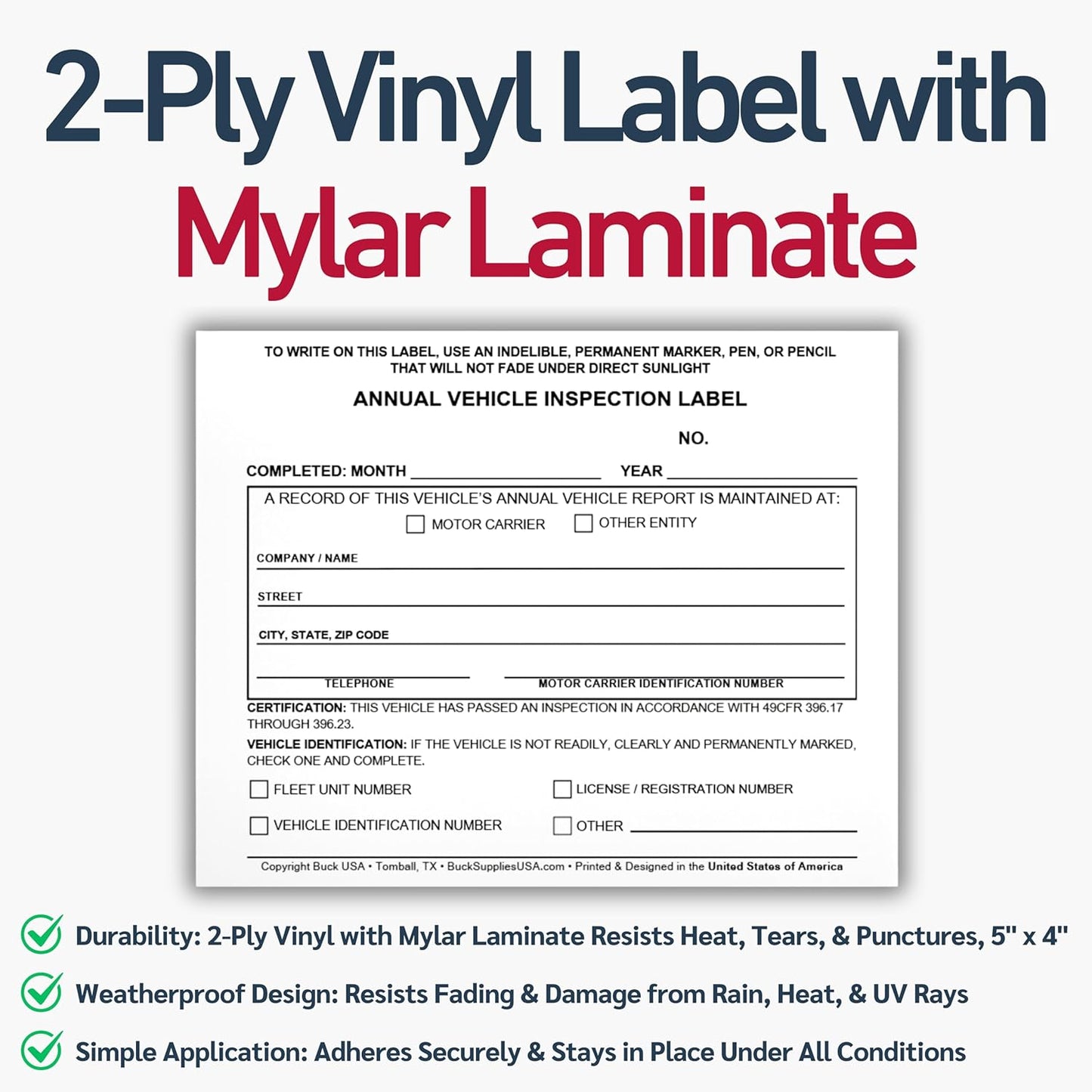 50 Pack Buck Annual Vehicle Inspection Label, 2-Ply Adhesive Vinyl with Mylar Laminate, FMCSA & DOT Compliant, Weatherproof, Tear Resistant, Easy to Write On, 5" x 4" - Made in USA