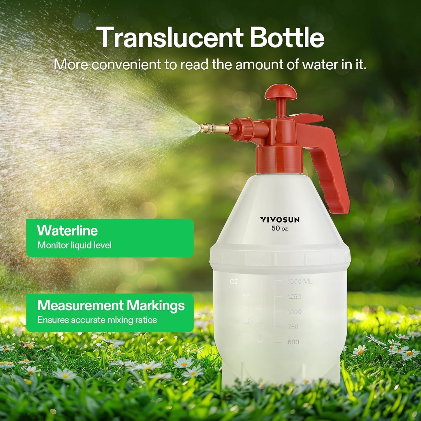 VIVOSUN 50oz Pump Sprayer, Handheld Garden Water Sprayer Bottle with Adjustable Brass Nozzle, for Spraying Plants, Flowers, Weeds and Cleaning, Red