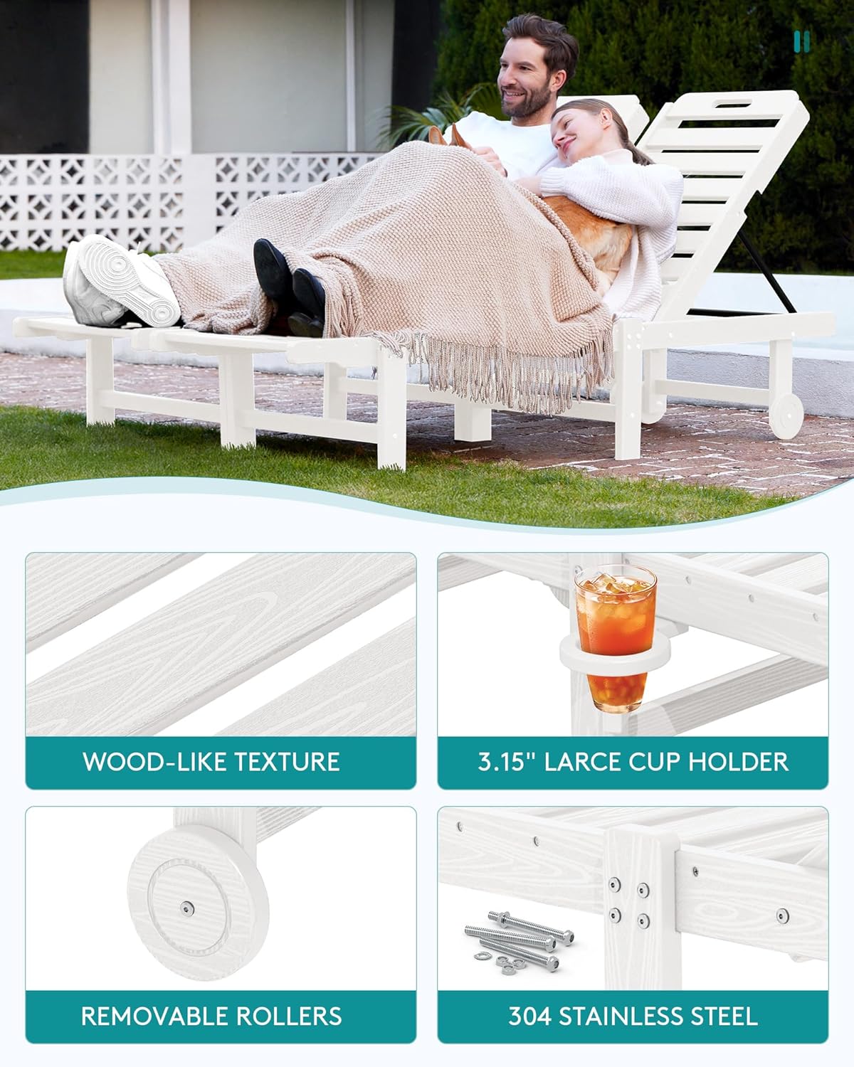 SERWALL Patio Chaise Lounge, 78" Length Outdoor Lounge Chair with 5 Positions Adjustable Backrest, HDPE Lounge Chair with Rolling Wheels & Cup Holder for Poolside, Beach, Garden, White